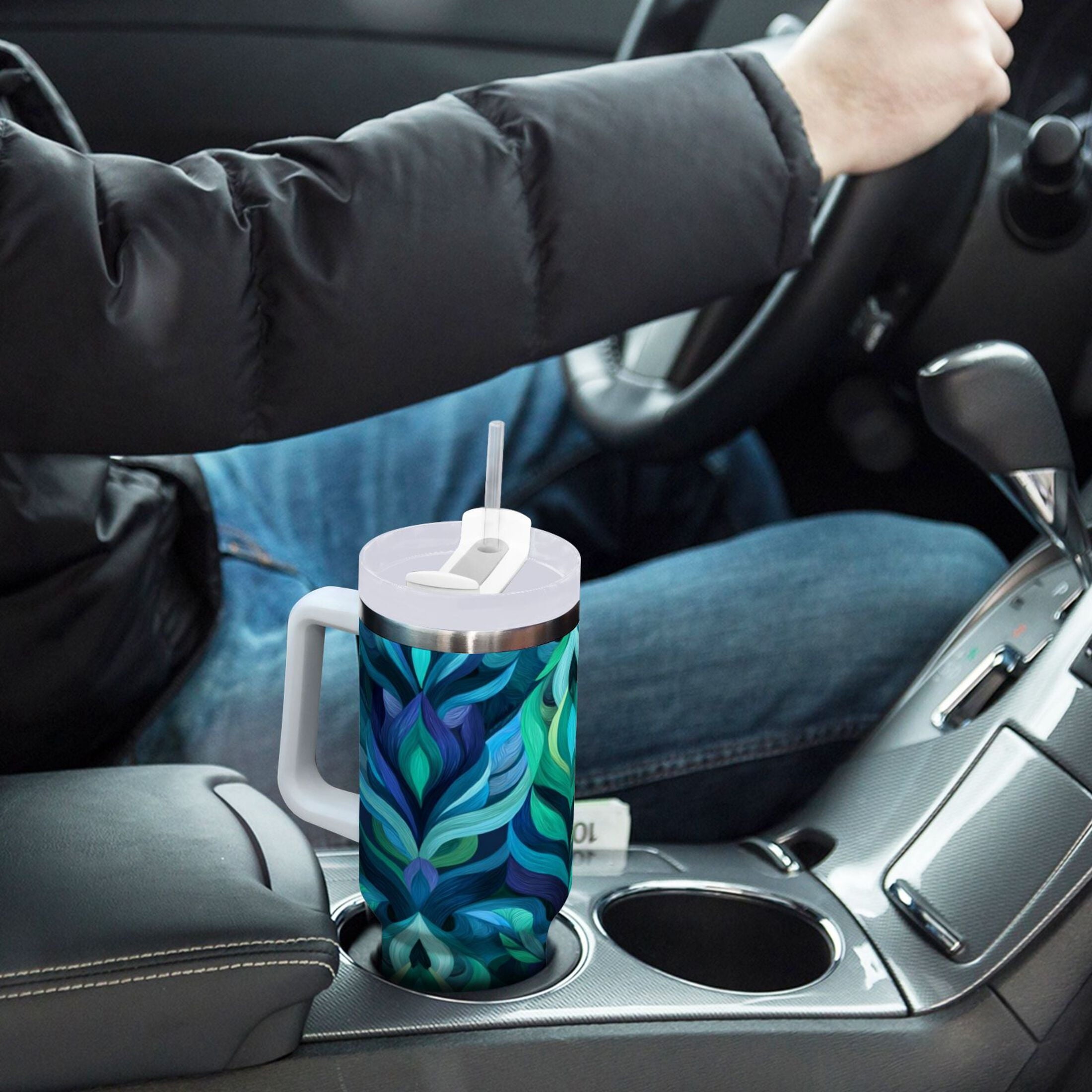 40 oz Insulated Stainless Steel Tumbler Double Wall Stainless Steel Tumbler with 2-Way Drinking Elegant Blue Abstract Shapes Edition-7654