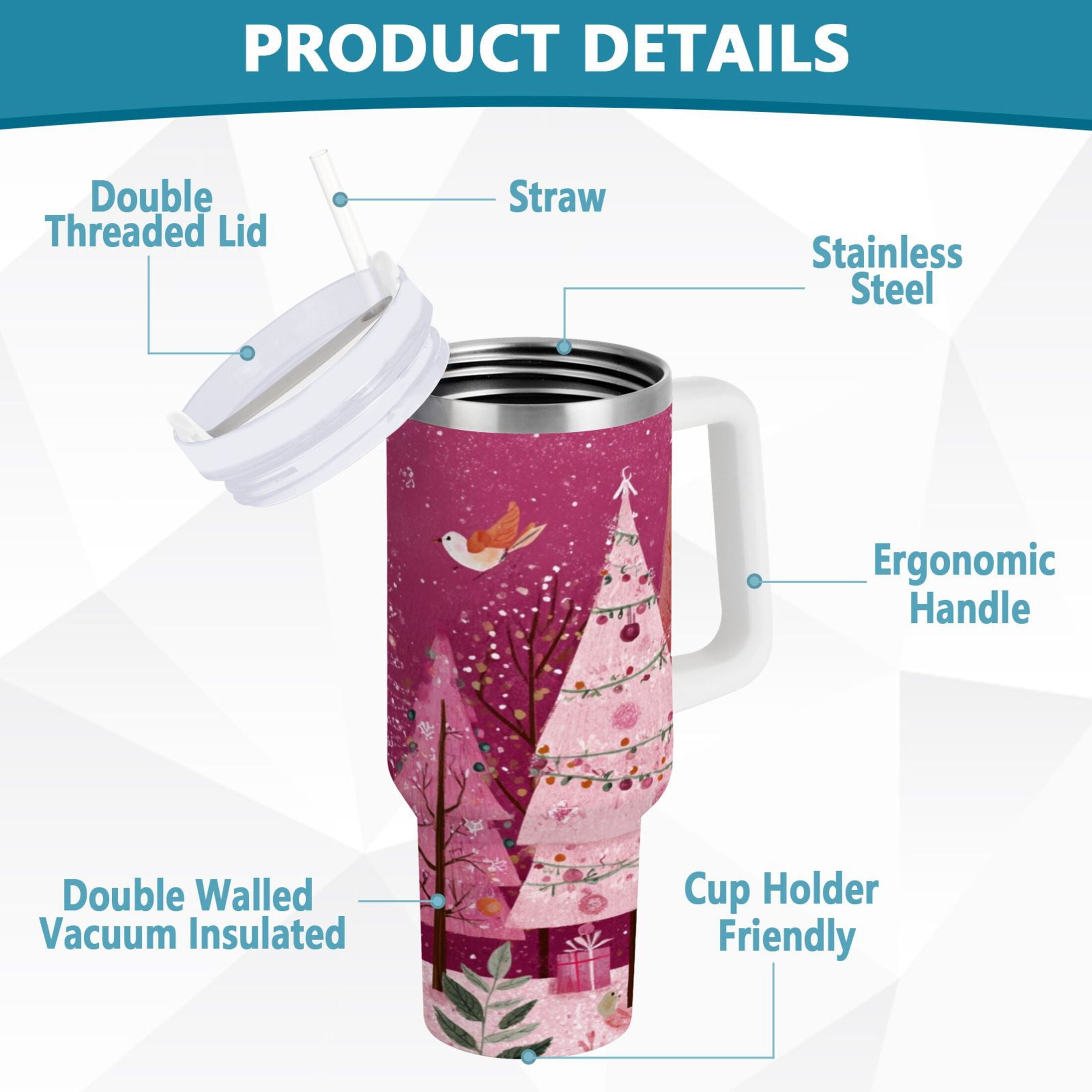 40 oz Insulated Stainless Steel Tumbler Double Wall Stainless Steel Tumbler with 2-Way Drinking Pink Christmas Forest Edition-82N0
