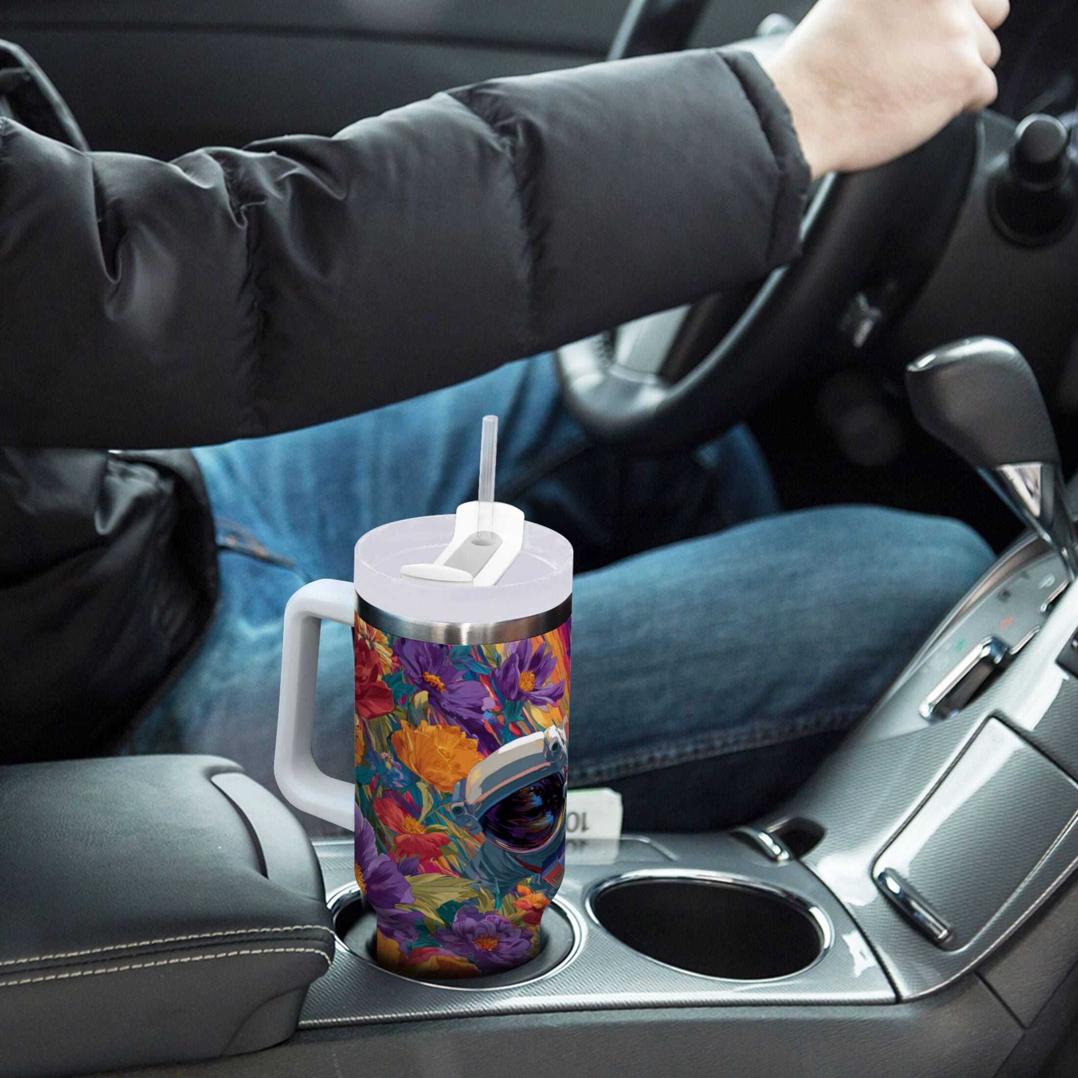 40 oz Insulated Stainless Steel Tumbler Double Wall Stainless Steel Tumbler with 2-Way Drinking Colorful Flowers and Planets Edition-4PRA