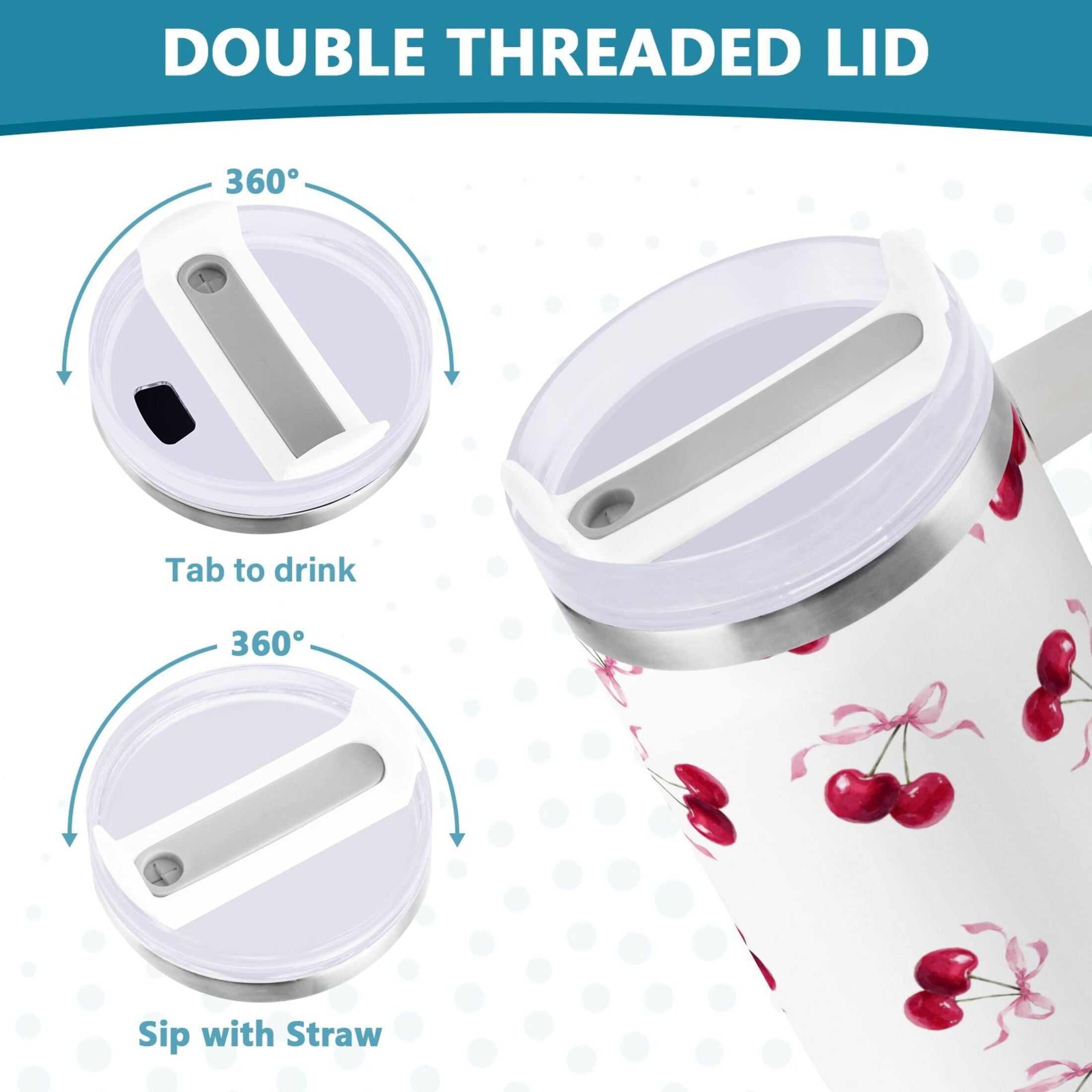 30 oz Insulated Stainless Steel Tumbler Double Wall Stainless Steel Tumbler with 2-Way Drinking Watercolor Cherries Pattern Edition-CFP1