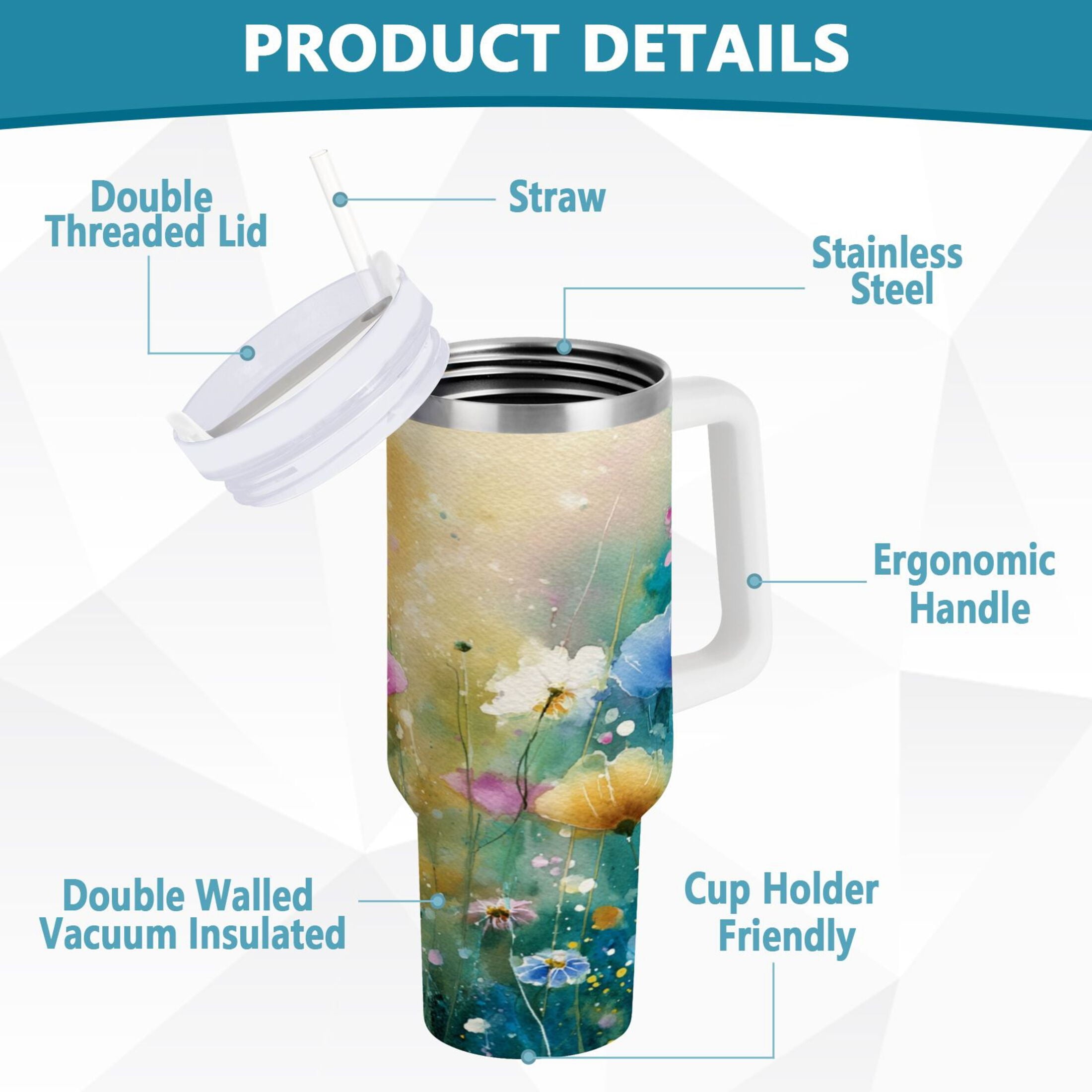 30 oz Insulated Stainless Steel Tumbler Double Wall Stainless Steel Tumbler with 2-Way Drinking Watercolor Wildflowers Edition-85KE