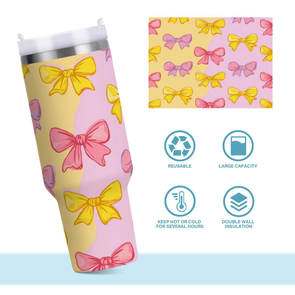 30 oz Insulated Stainless Steel Tumbler Double Wall Stainless Steel Tumbler with 2-Way Drinking Yellow and Pink Bows Edition-IK82