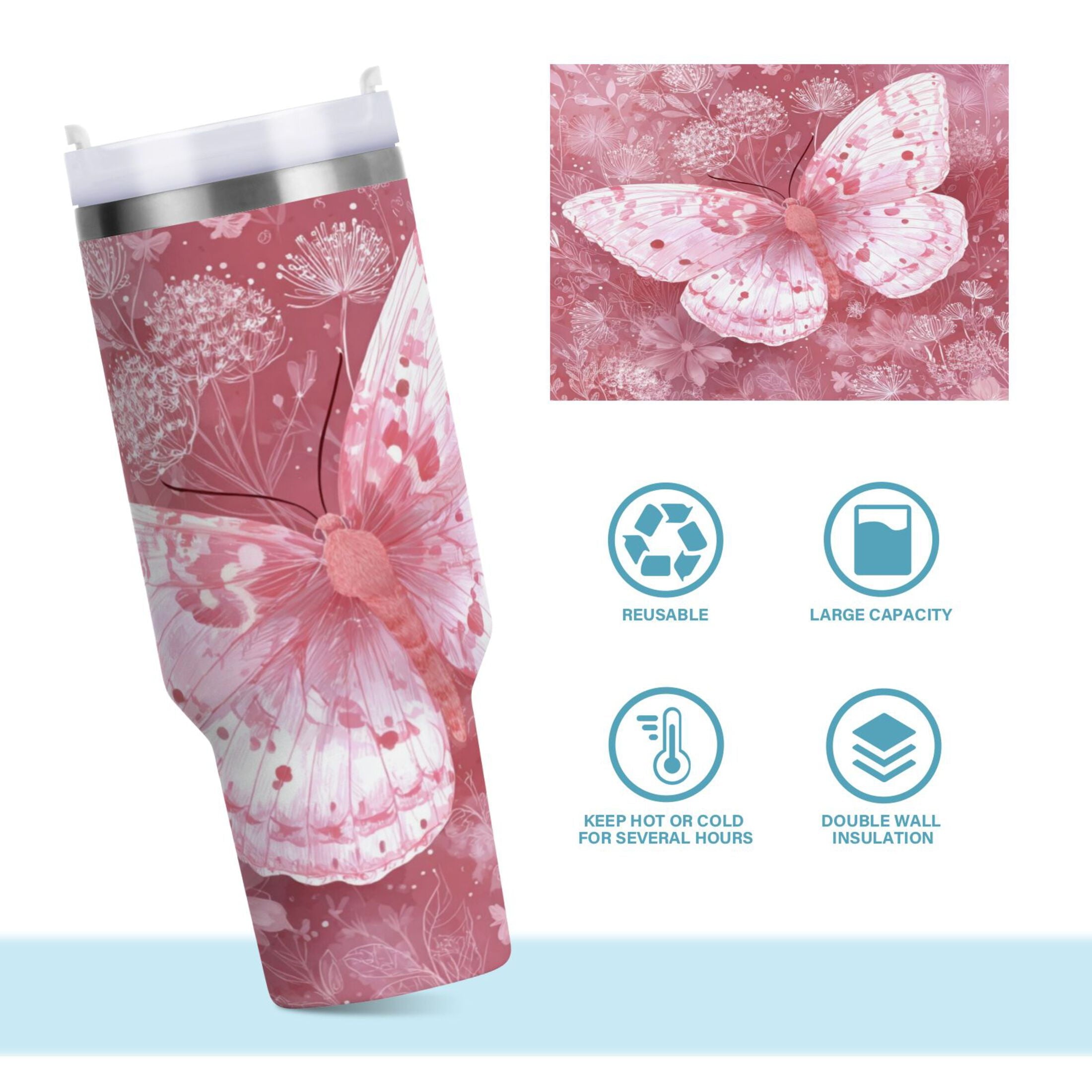 30 oz Insulated Stainless Steel Tumbler Double Wall Stainless Steel Tumbler with 2-Way Drinking Soft Pink Butterfly Edition-O9JJ