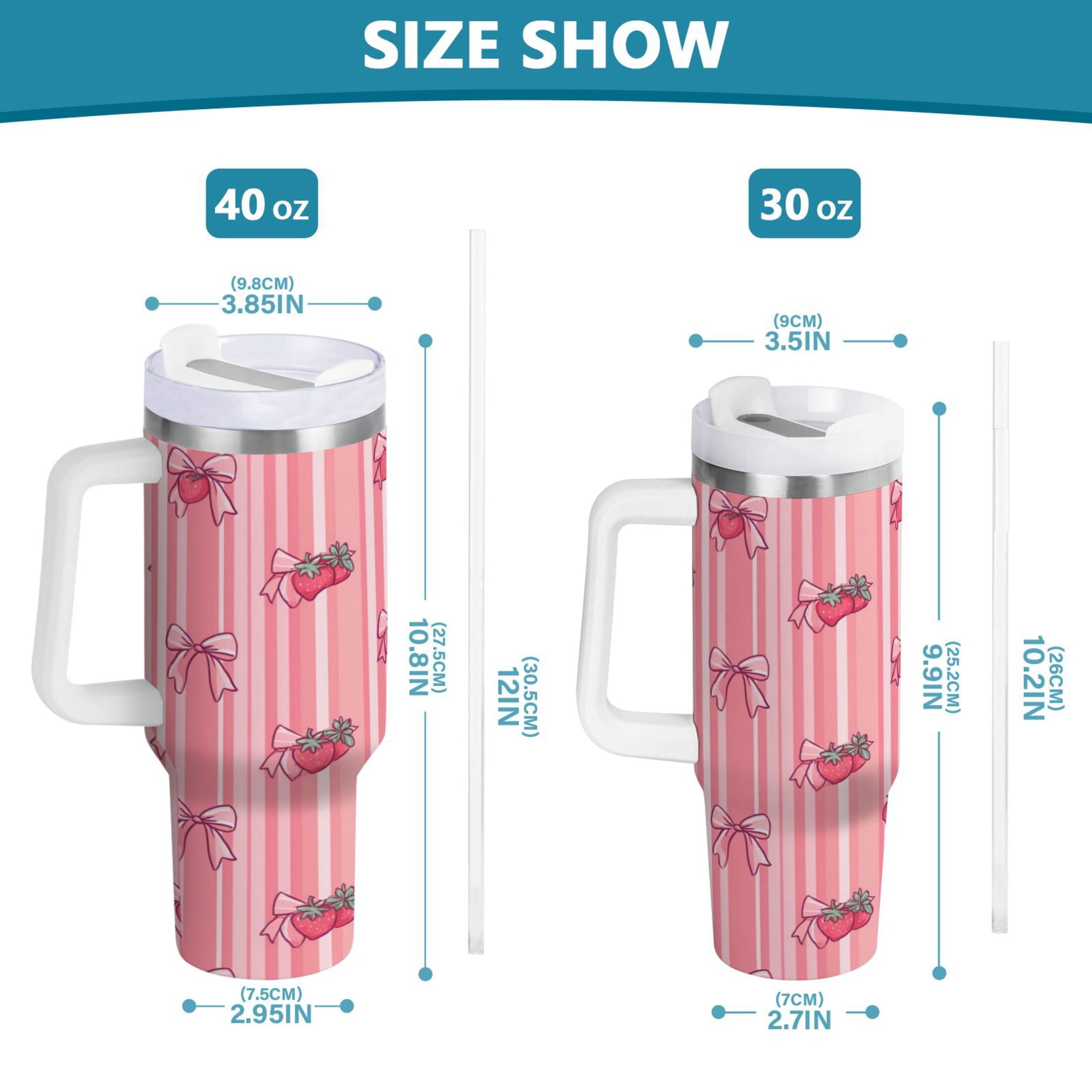 30 oz Insulated Stainless Steel Tumbler Double Wall Stainless Steel Tumbler with 2-Way Drinking Pink Bows and Strawberries Edition-BMYI