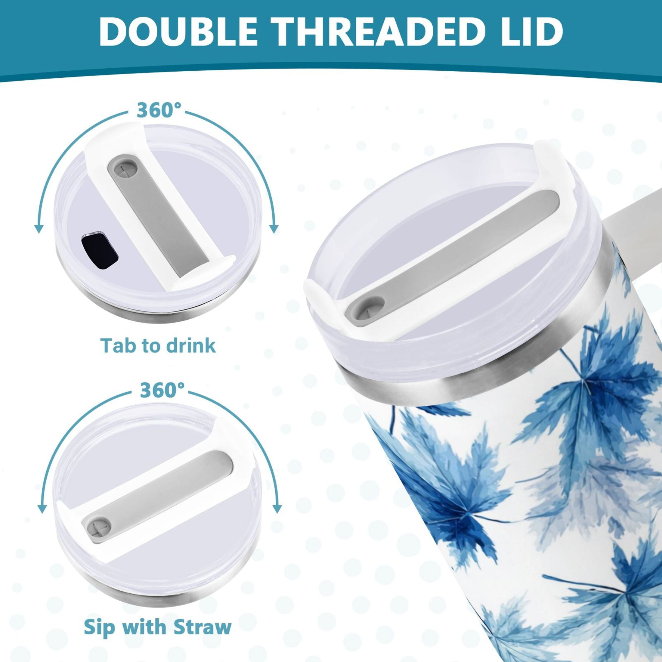 30 oz Insulated Stainless Steel Tumbler Double Wall Stainless Steel Tumbler with 2-Way Drinking Abstract Blue Maple Leaves Edition-19WP