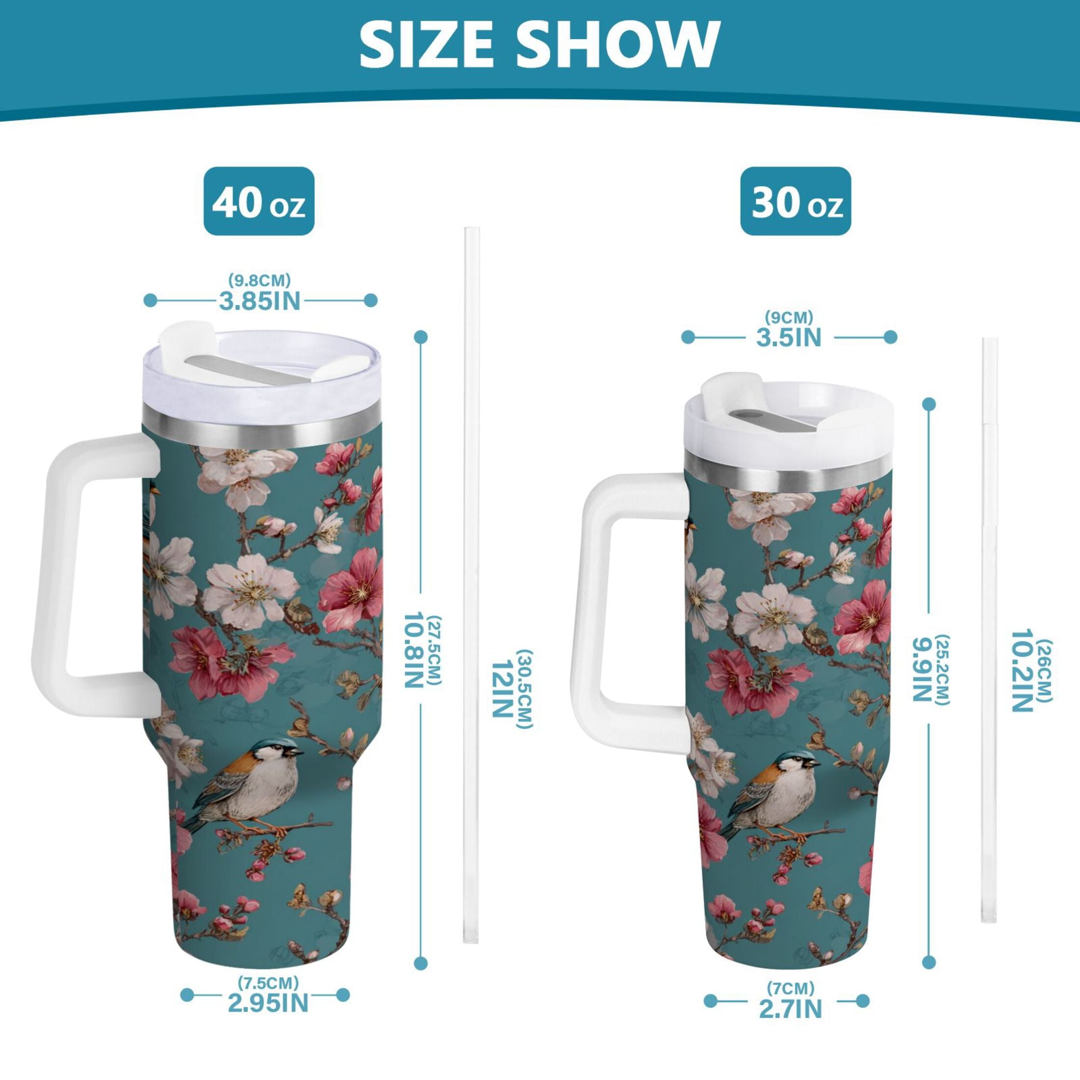 30 oz Insulated Stainless Steel Tumbler Double Wall Stainless Steel Tumbler with 2-Way Drinking Birds and Cherry Pattern Edition-COSG