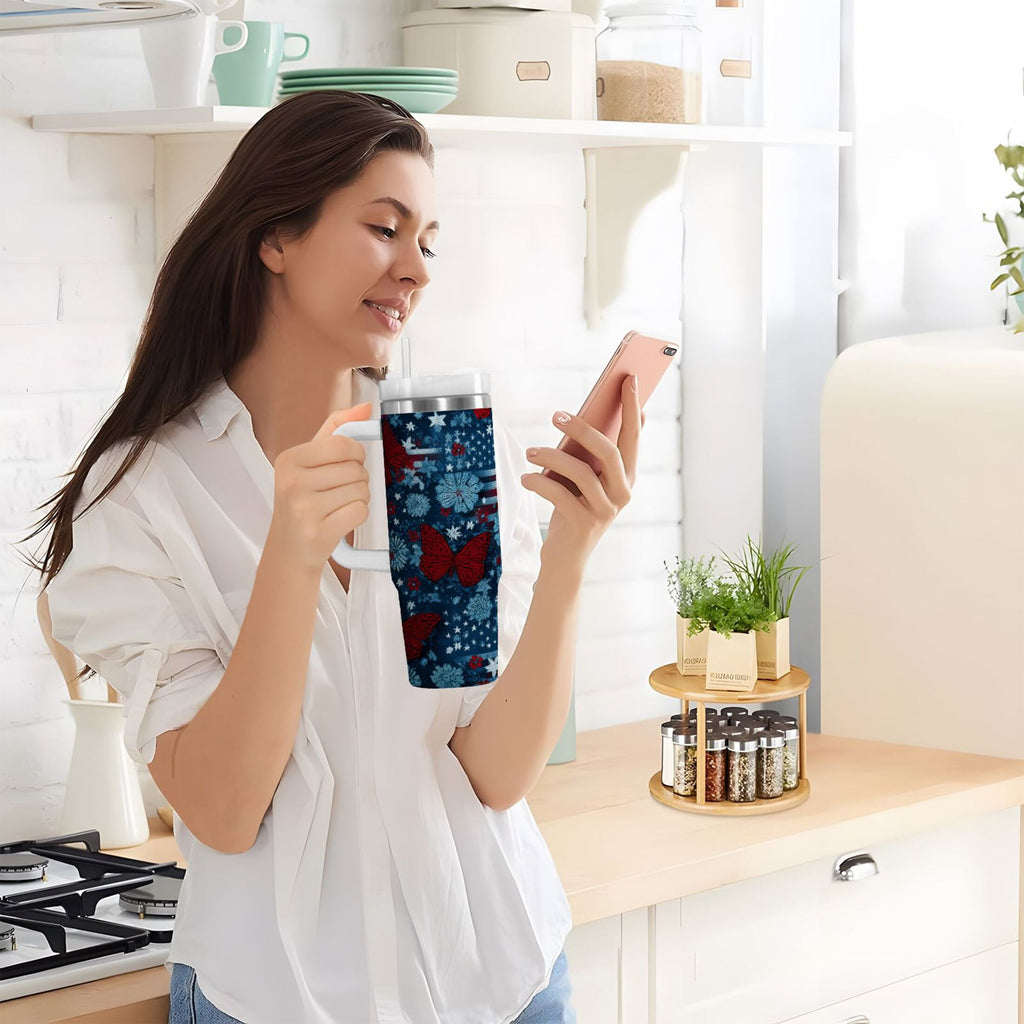 30 oz Insulated Stainless Steel Tumbler Double Wall Stainless Steel Tumbler with 2-Way Drinking Red Butterflies and Flags Edition-8NJA