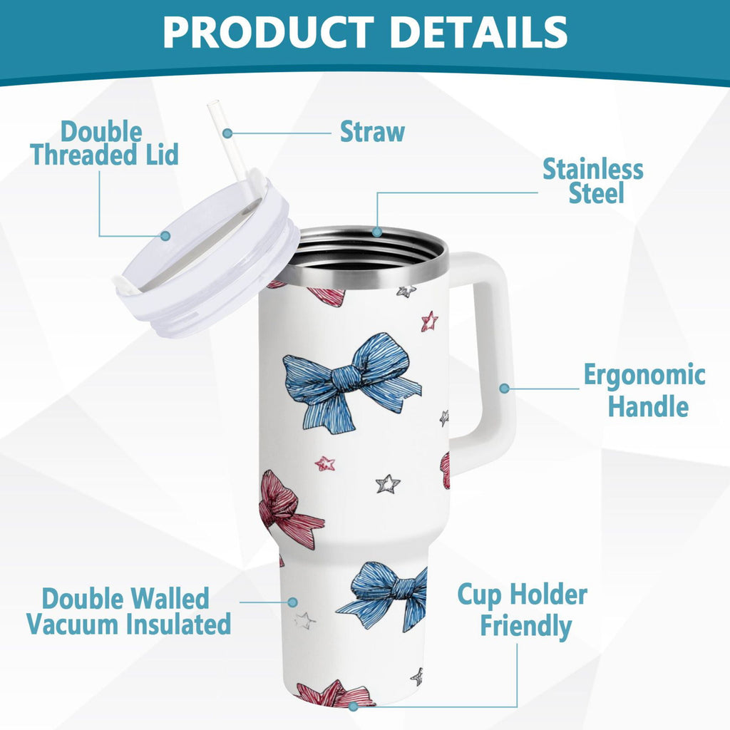 40 oz Insulated Stainless Steel Tumbler Double Wall Stainless Steel Tumbler with 2-Way Drinking Red and Blue Stripes Bows Edition-W2IB
