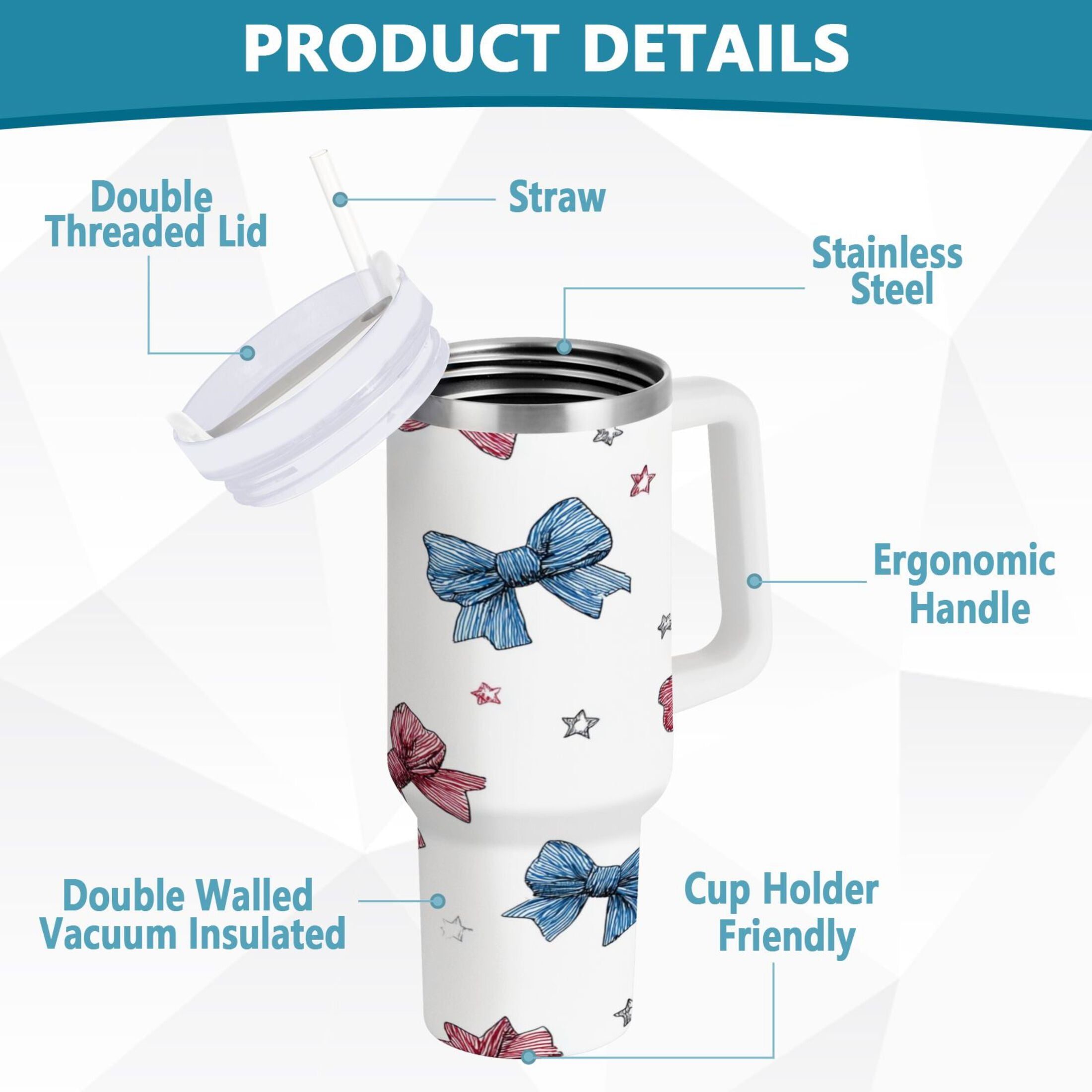 40 oz Insulated Stainless Steel Tumbler Double Wall Stainless Steel Tumbler with 2-Way Drinking Red and Blue Stripes Bows Edition-W2IB