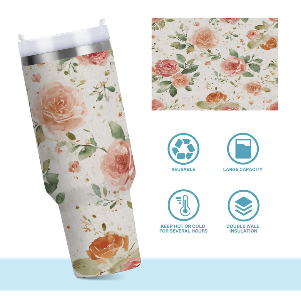 40 oz Insulated Stainless Steel Tumbler Double Wall Stainless Steel Tumbler with 2-Way Drinking Watercolor Rose Floral Pattern Edition-9A68