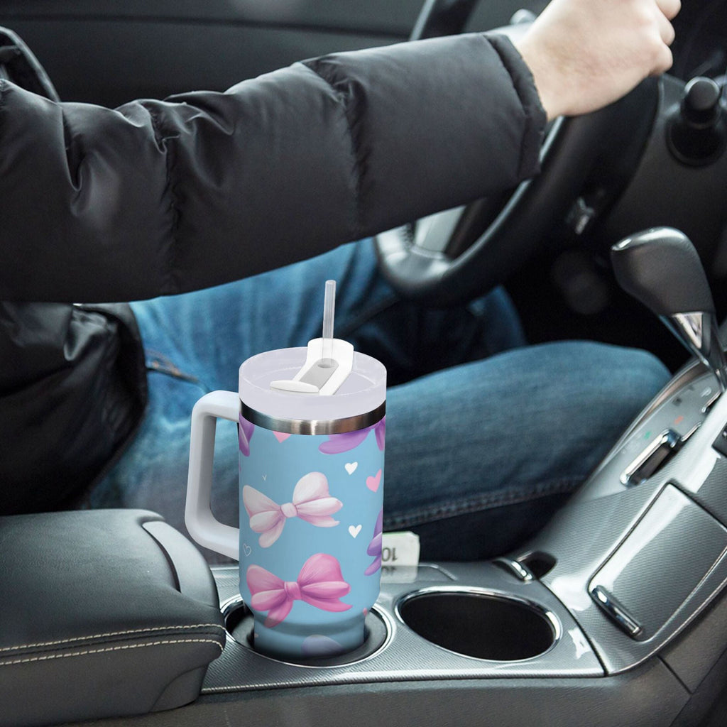 30 oz Insulated Stainless Steel Tumbler Double Wall Stainless Steel Tumbler with 2-Way Drinking Pink and Purple Bows Edition-NYJ5