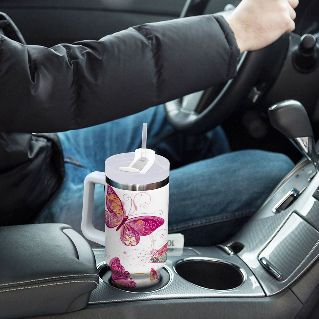 30 oz Insulated Stainless Steel Tumbler Double Wall Stainless Steel Tumbler with 2-Way Drinking Colorful Butterflies Edition-JJJ8