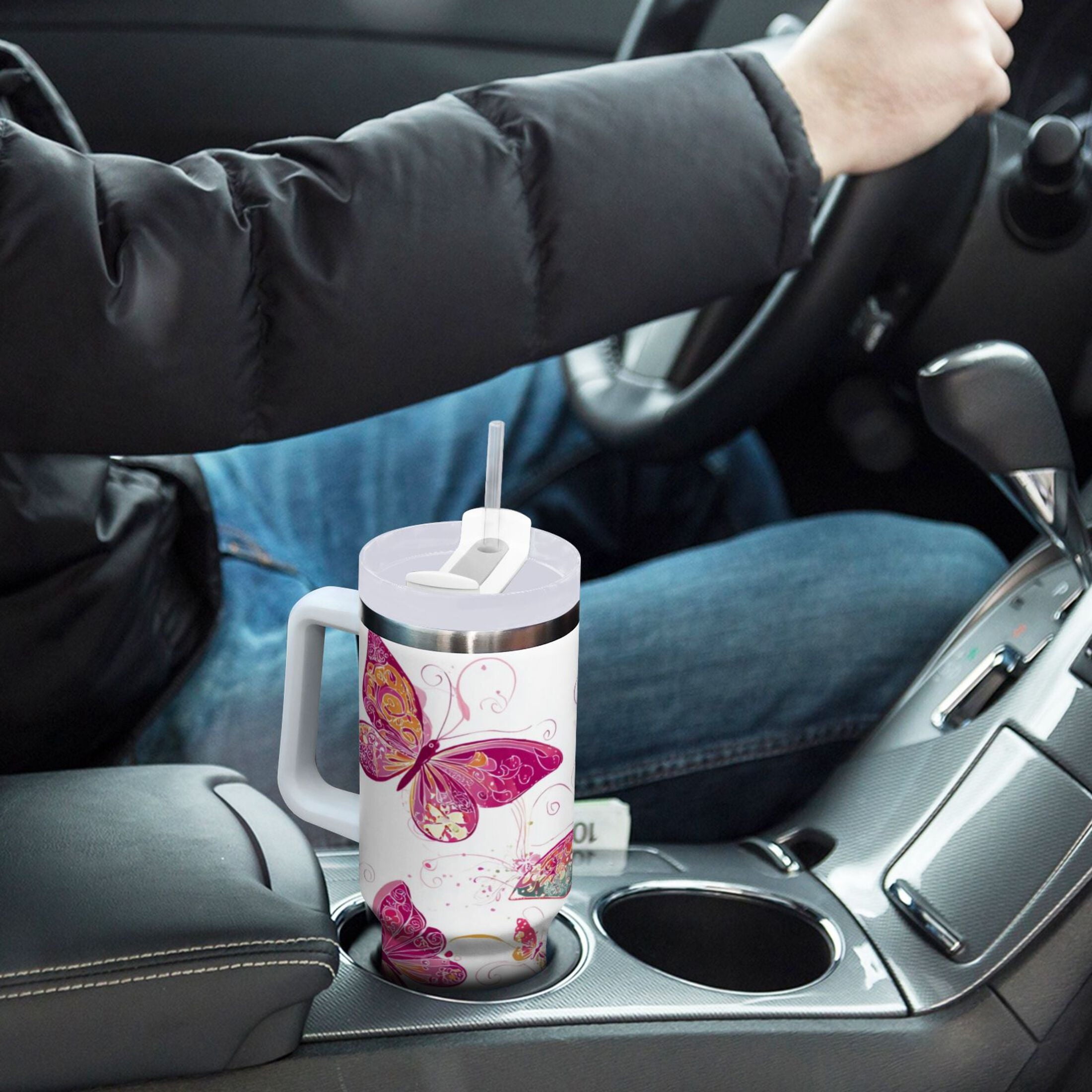 30 oz Insulated Stainless Steel Tumbler Double Wall Stainless Steel Tumbler with 2-Way Drinking Colorful Butterflies Edition-JJJ8