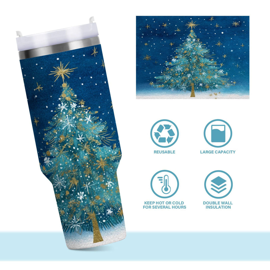 40 oz Insulated Stainless Steel Tumbler Double Wall Stainless Steel Tumbler with 2-Way Drinking Watercolor Christmas Tree Edition-9YWC