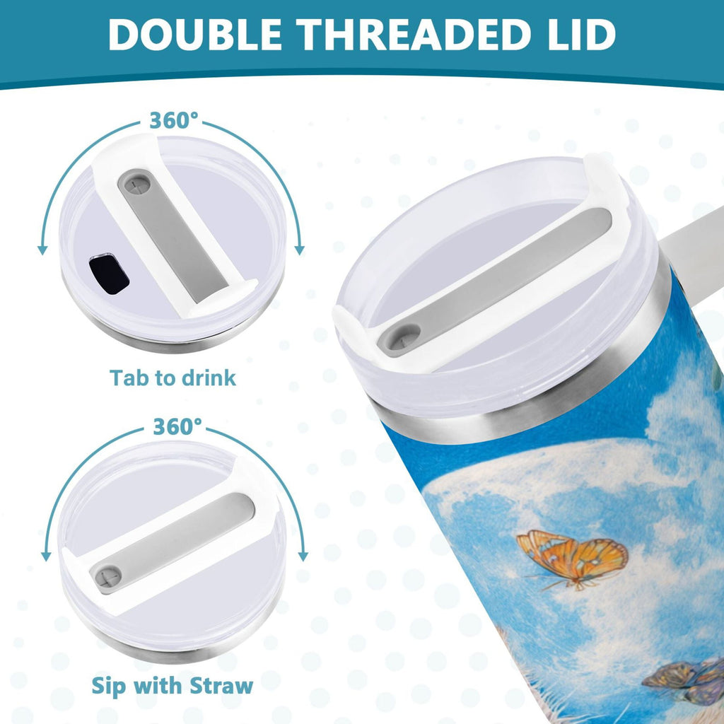 40 oz Insulated Stainless Steel Tumbler Double Wall Stainless Steel Tumbler with 2-Way Drinking Playful Cat Lying Sunflowers Edition-BO3C