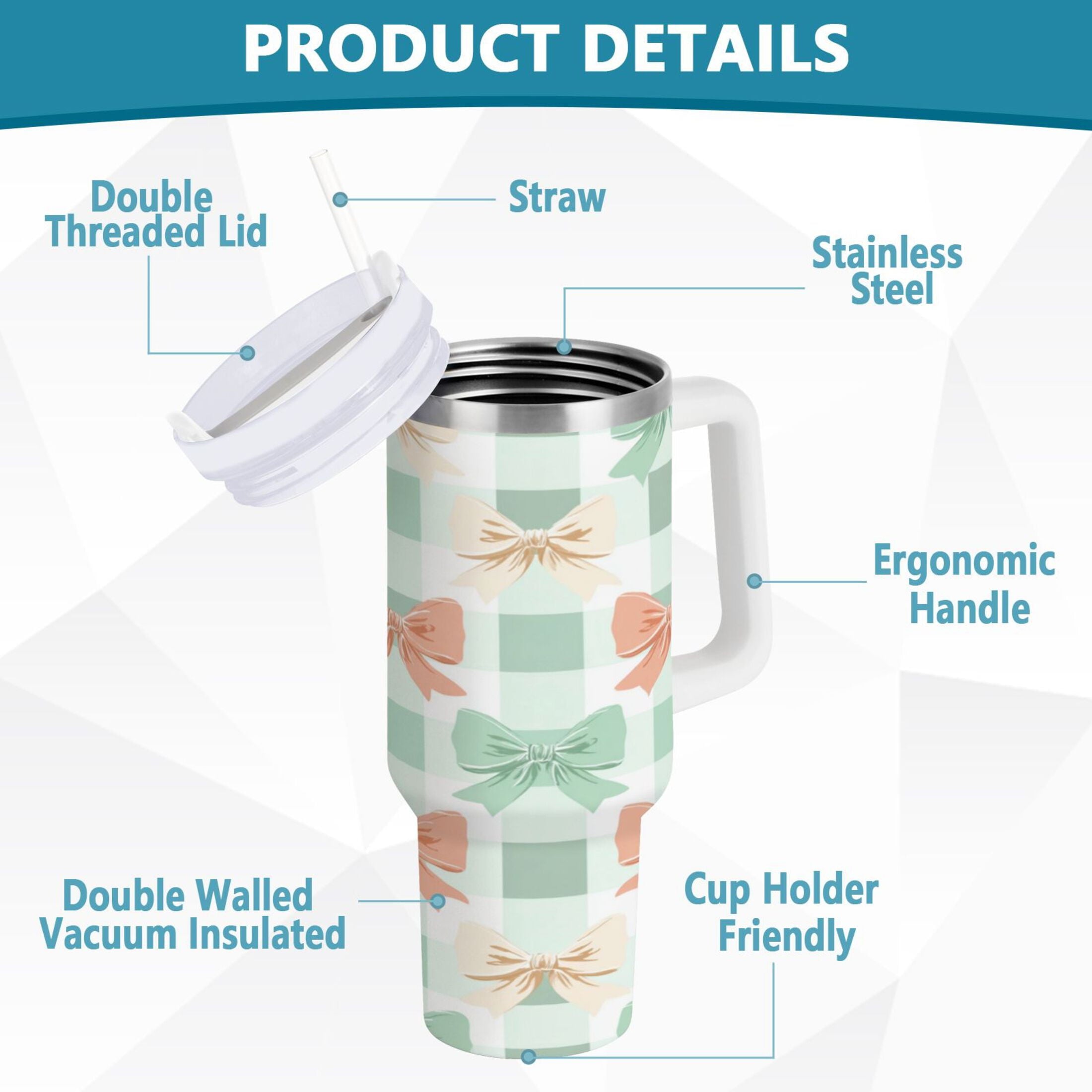 40 oz Insulated Stainless Steel Tumbler Double Wall Stainless Steel Tumbler with 2-Way Drinking Green and Peach Bow Pattern Edition-U5S0