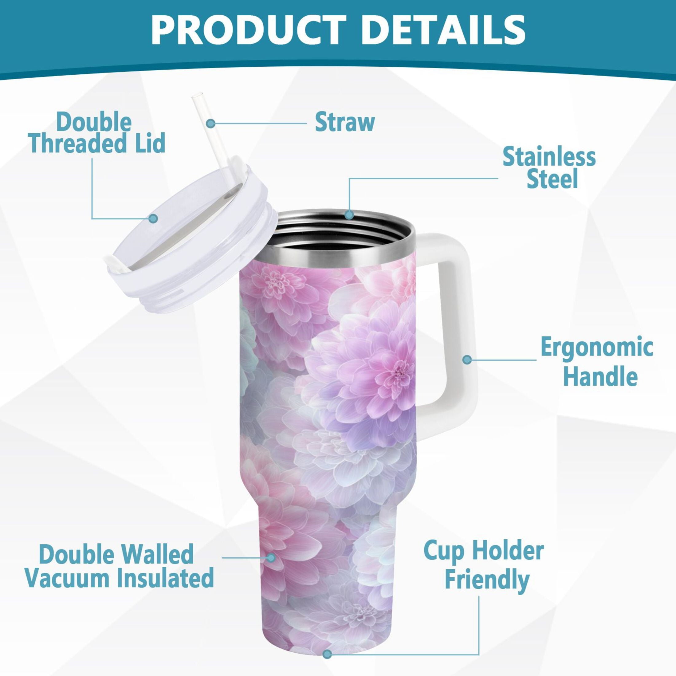 30 oz Insulated Stainless Steel Tumbler Double Wall Stainless Steel Tumbler with 2-Way Drinking Cute Pastel Watercolor Floral Edition-ZEBA