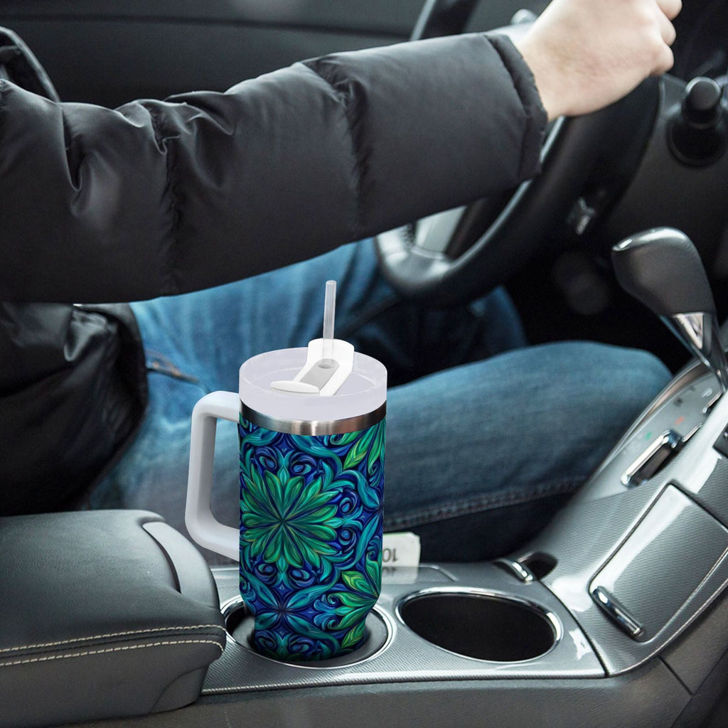 40 oz Insulated Stainless Steel Tumbler Double Wall Stainless Steel Tumbler with 2-Way Drinking Elegant Blue Traditional Patterns Edition-2WG4