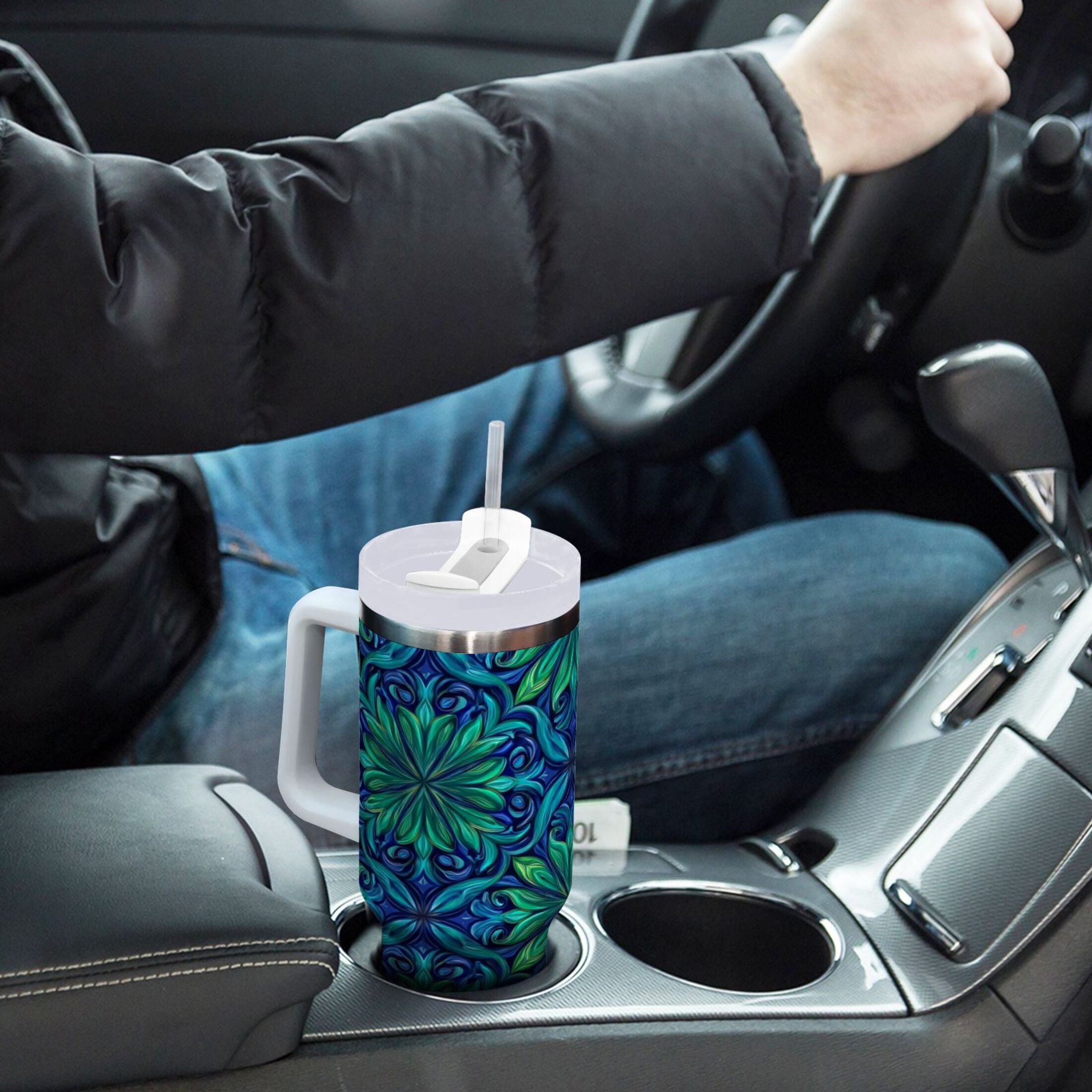 40 oz Insulated Stainless Steel Tumbler Double Wall Stainless Steel Tumbler with 2-Way Drinking Elegant Blue Traditional Patterns Edition-2WG4