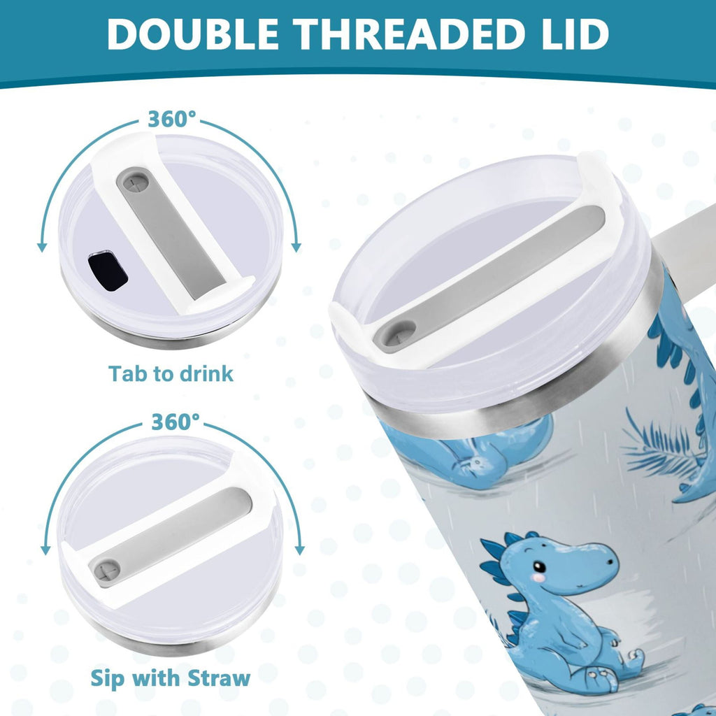 30 oz Insulated Stainless Steel Tumbler Double Wall Stainless Steel Tumbler with 2-Way Drinking Cartoon Blue Dinosaurs Edition-MCV3