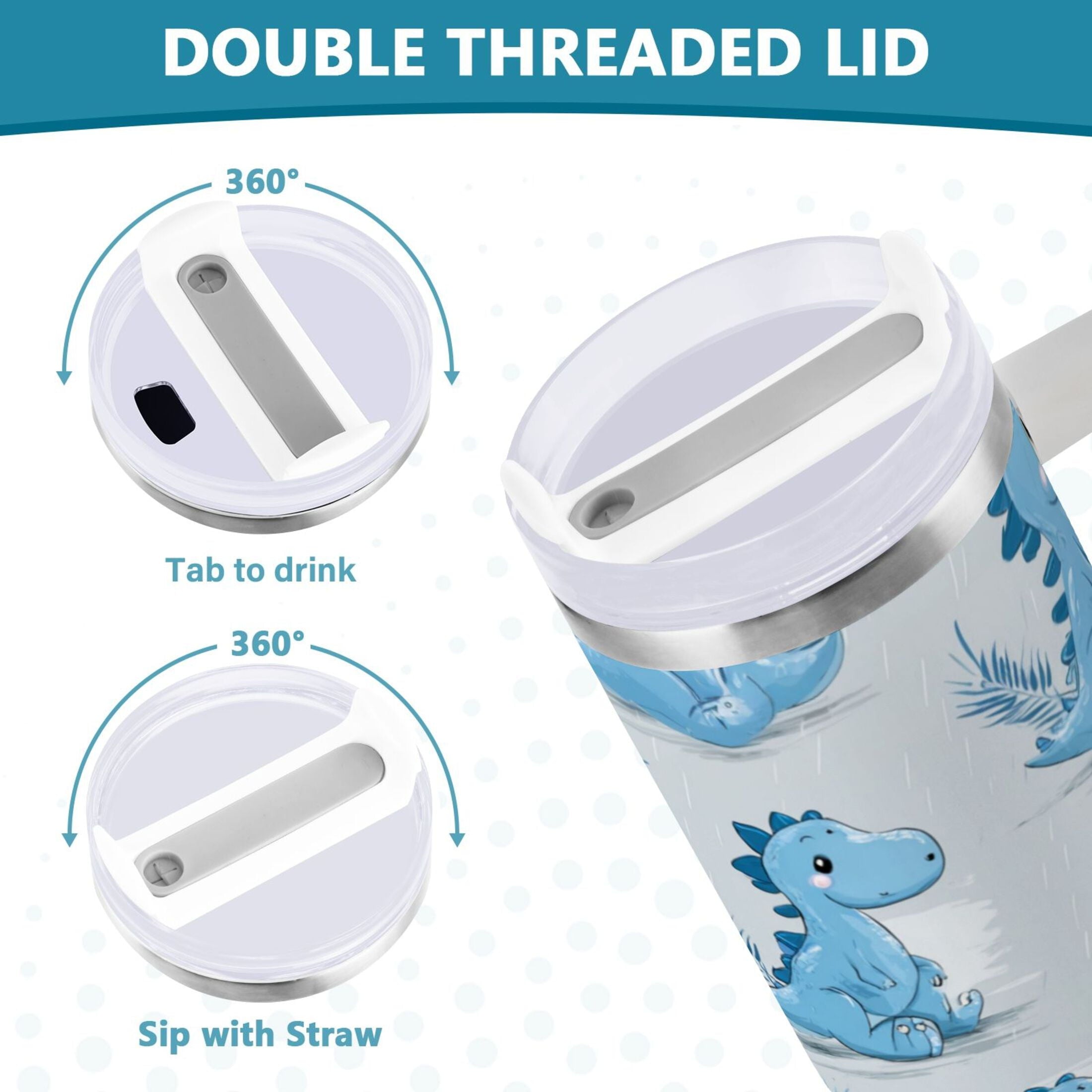 30 oz Insulated Stainless Steel Tumbler Double Wall Stainless Steel Tumbler with 2-Way Drinking Cartoon Blue Dinosaurs Edition-MCV3