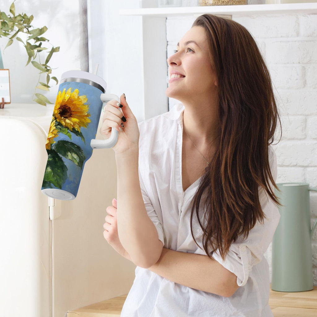 40 oz Insulated Stainless Steel Tumbler Double Wall Stainless Steel Tumbler with 2-Way Drinking Sunflowers Painting Edition-HYAQ