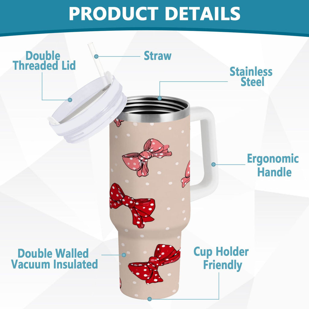 30 oz Insulated Stainless Steel Tumbler Double Wall Stainless Steel Tumbler with 2-Way Drinking Cute Red Bows Pattern Edition-YMU3