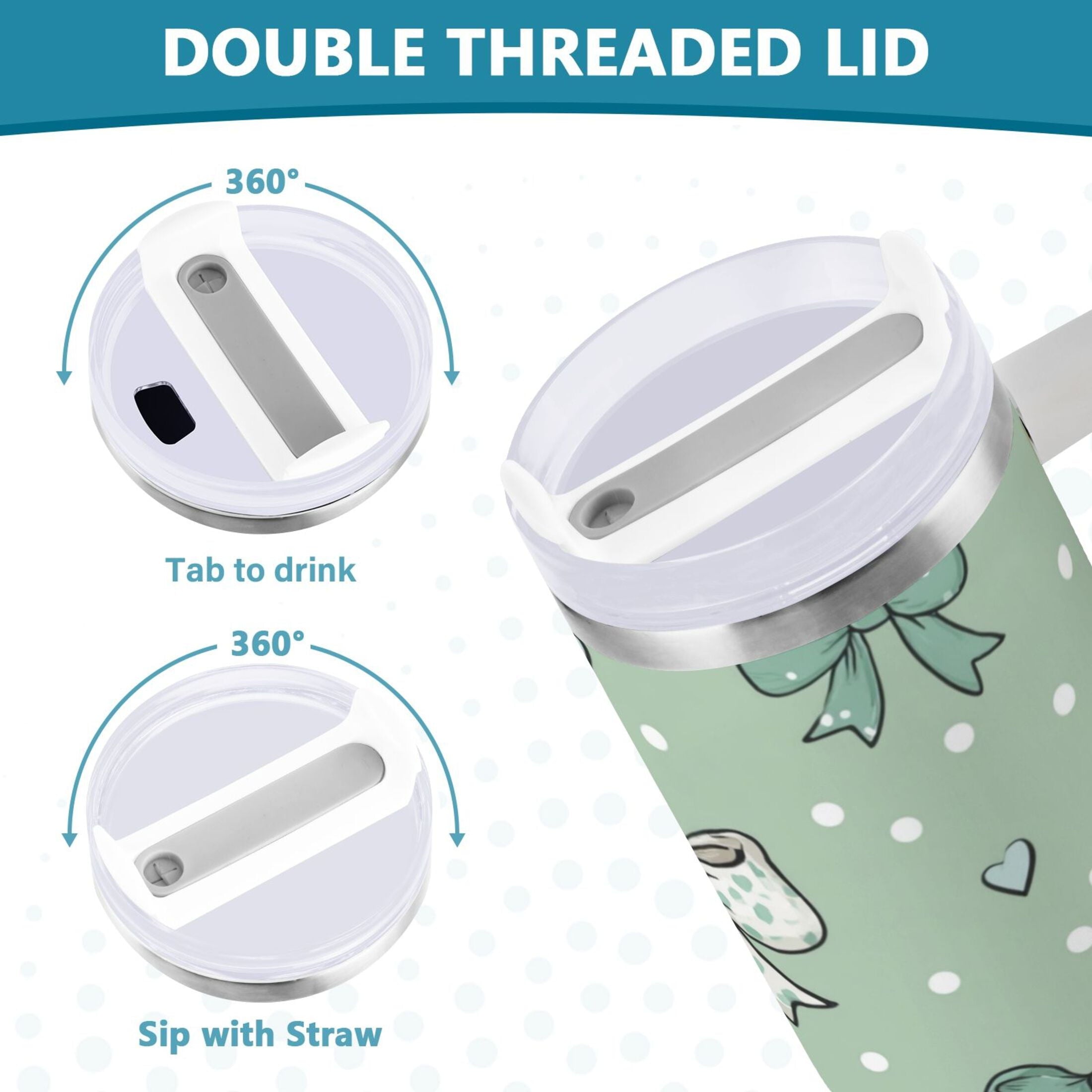 30 oz Insulated Stainless Steel Tumbler Double Wall Stainless Steel Tumbler with 2-Way Drinking Green and Mint Bows Edition-3P3X
