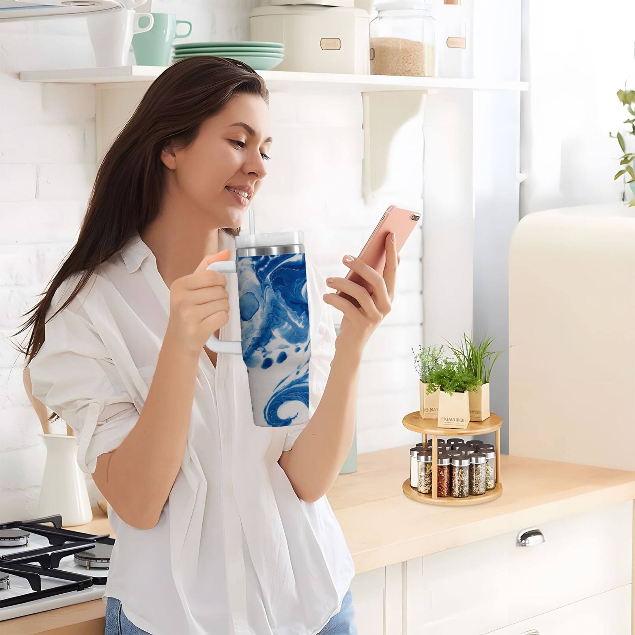 40 oz Insulated Stainless Steel Tumbler Double Wall Stainless Steel Tumbler with 2-Way Drinking Indigo Blue Tie-dye Pattern Edition-YWWE