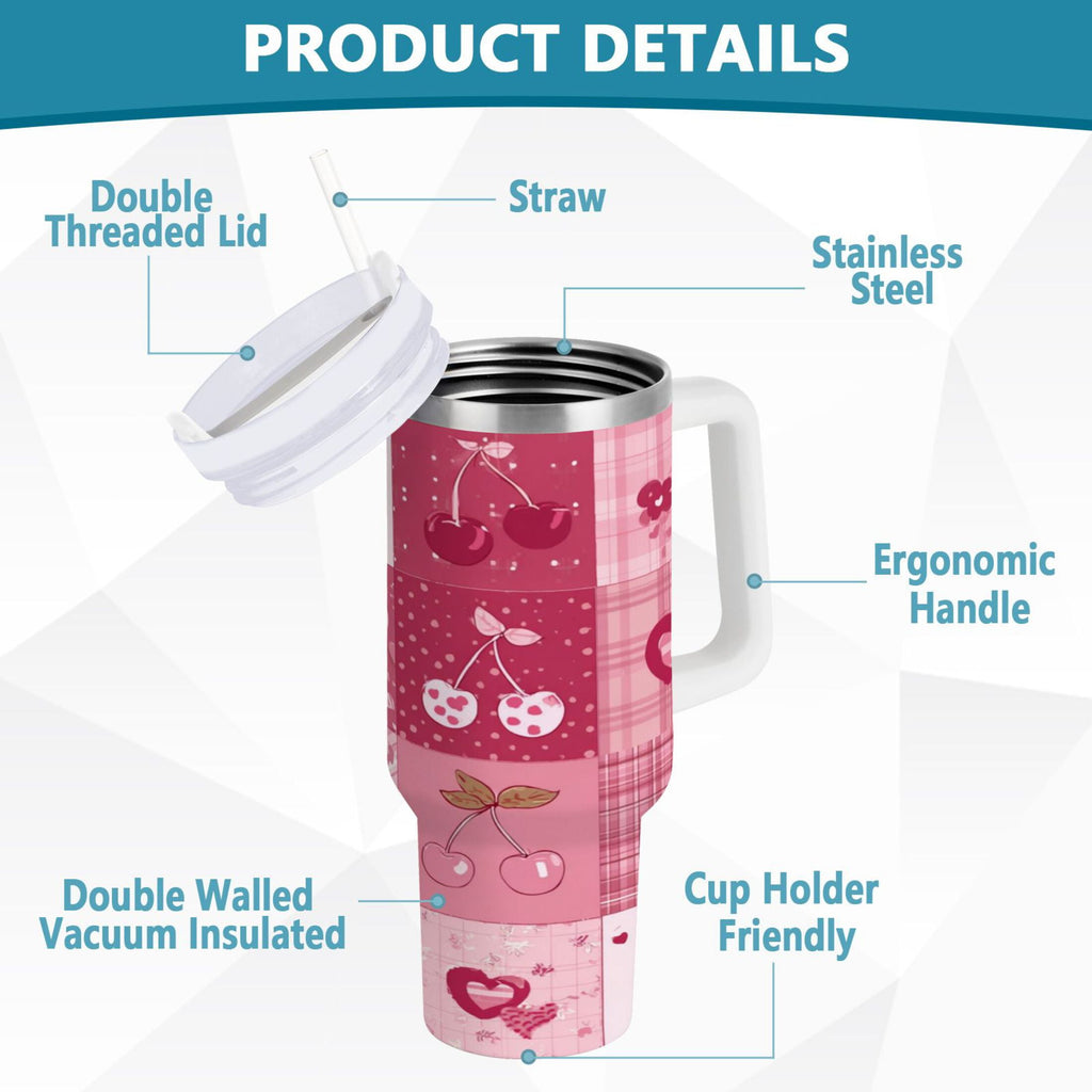 30 oz Insulated Stainless Steel Tumbler Double Wall Stainless Steel Tumbler with 2-Way Drinking Cherry Pattern with Bows Edition-65T1