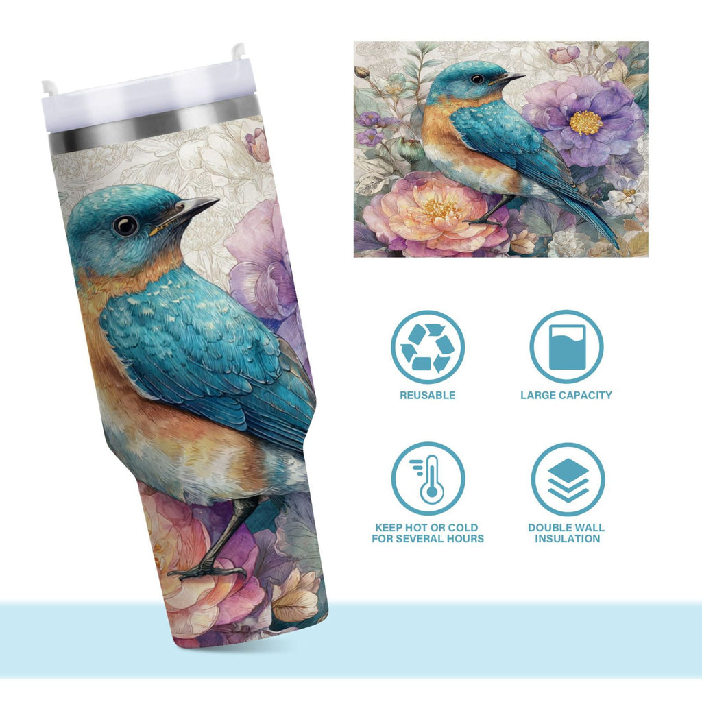 30 oz Insulated Stainless Steel Tumbler Double Wall Stainless Steel Tumbler with 2-Way Drinking Bluebird and Flower Edition-Q4FO