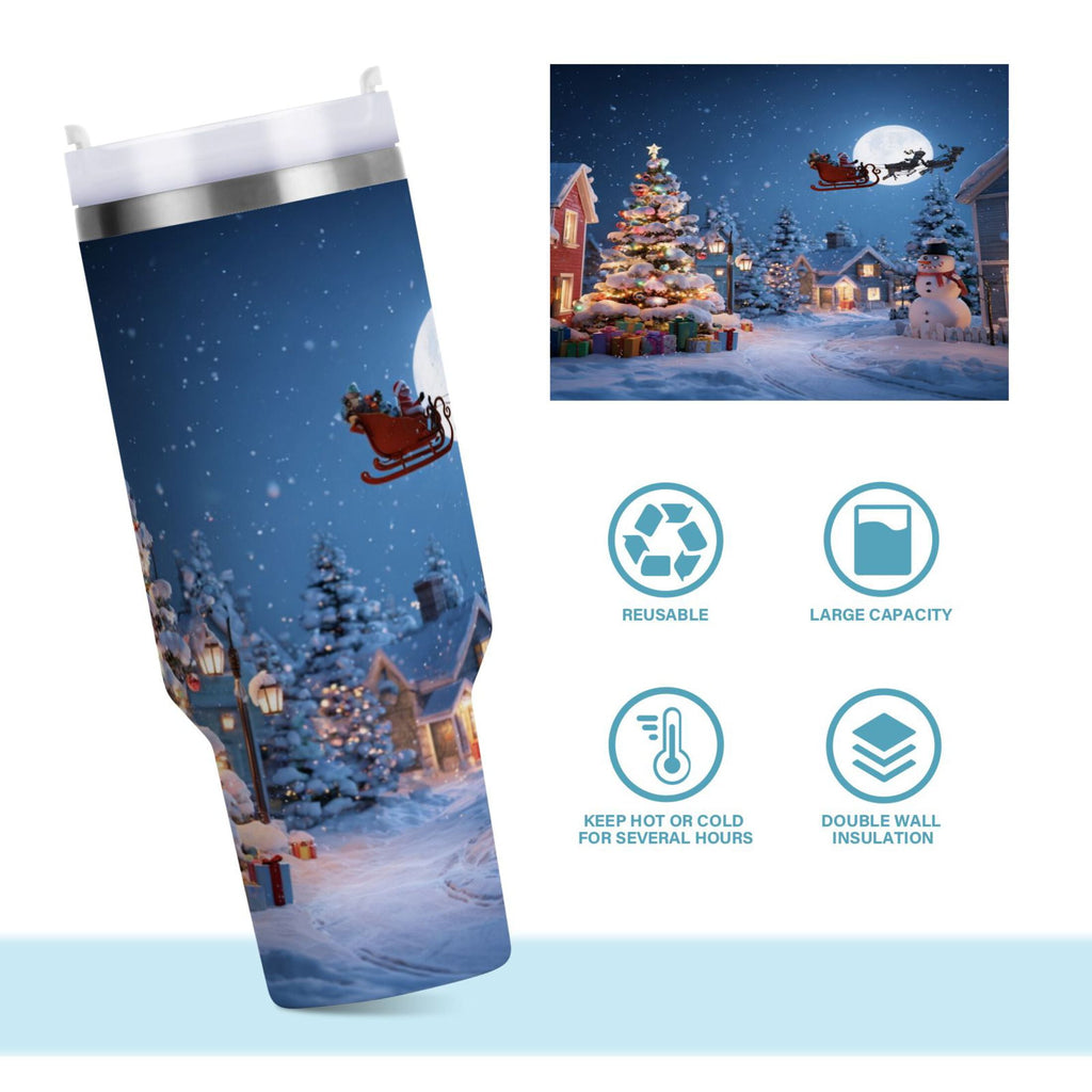 30 oz Insulated Stainless Steel Tumbler Double Wall Stainless Steel Tumbler with 2-Way Drinking Christmas Night Scene Edition-3V9N