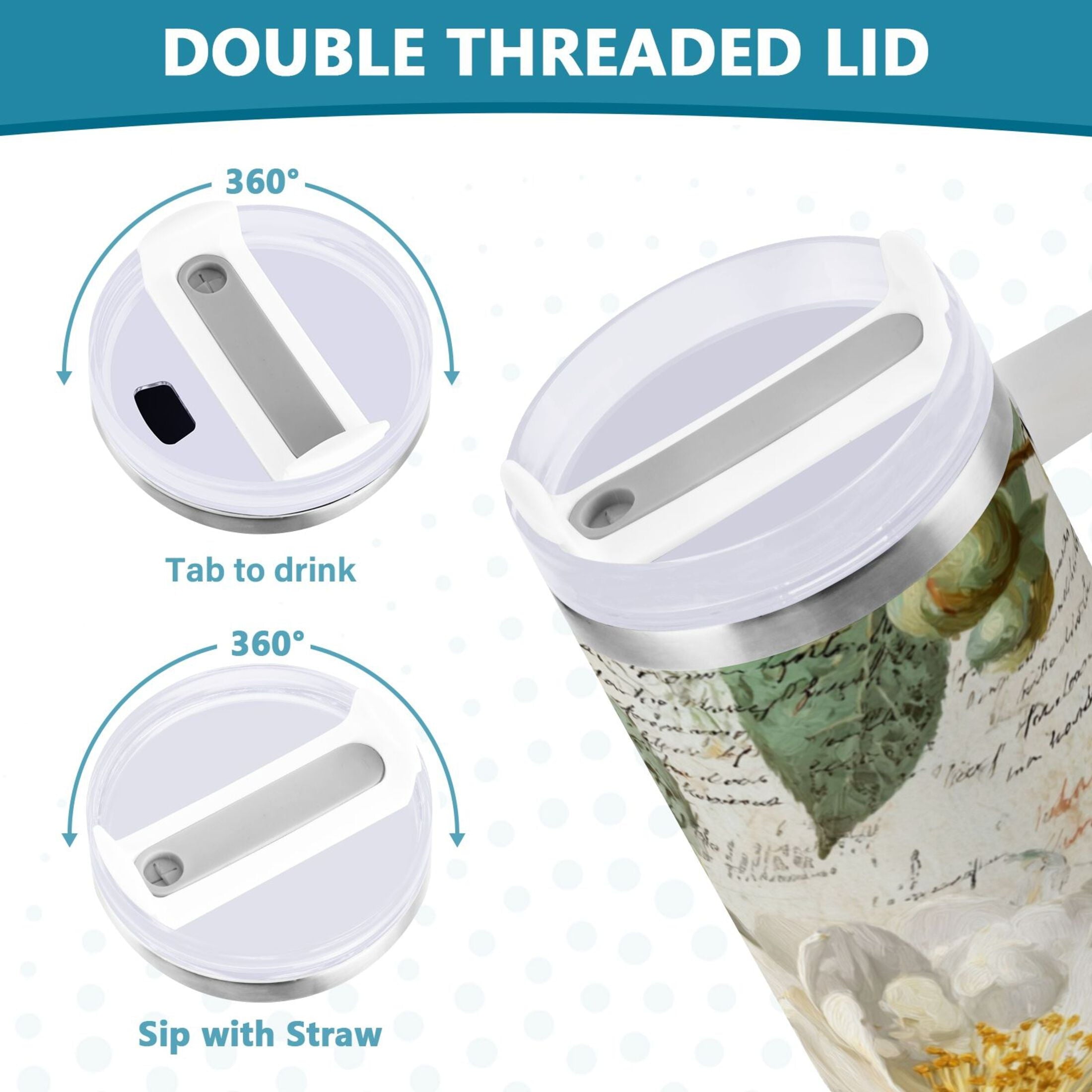 40 oz Insulated Stainless Steel Tumbler Double Wall Stainless Steel Tumbler with 2-Way Drinking Vintage White Camellias Edition-GF37