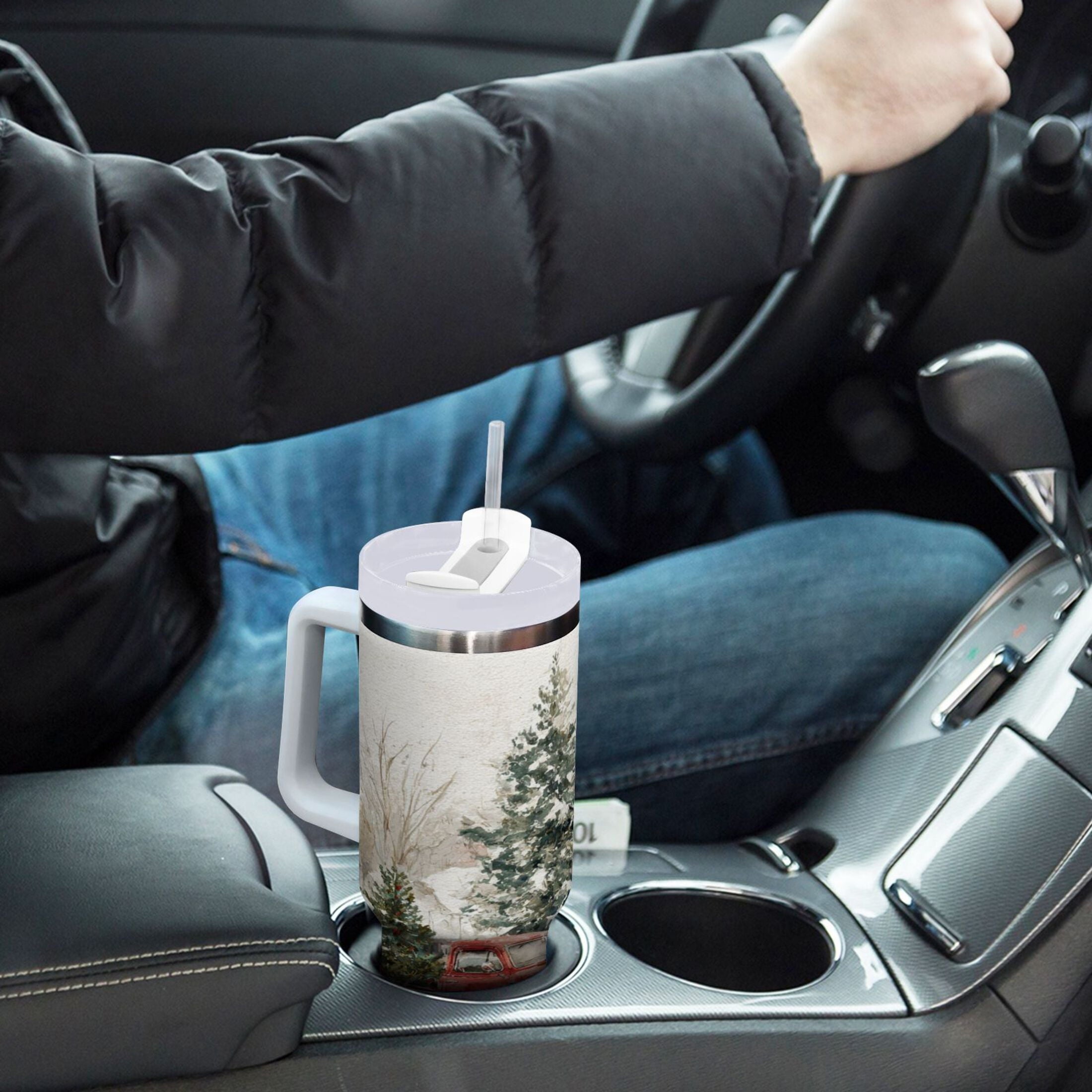 30 oz Insulated Stainless Steel Tumbler Double Wall Stainless Steel Tumbler with 2-Way Drinking Truck with Christmas Decorations Edition-KHYS