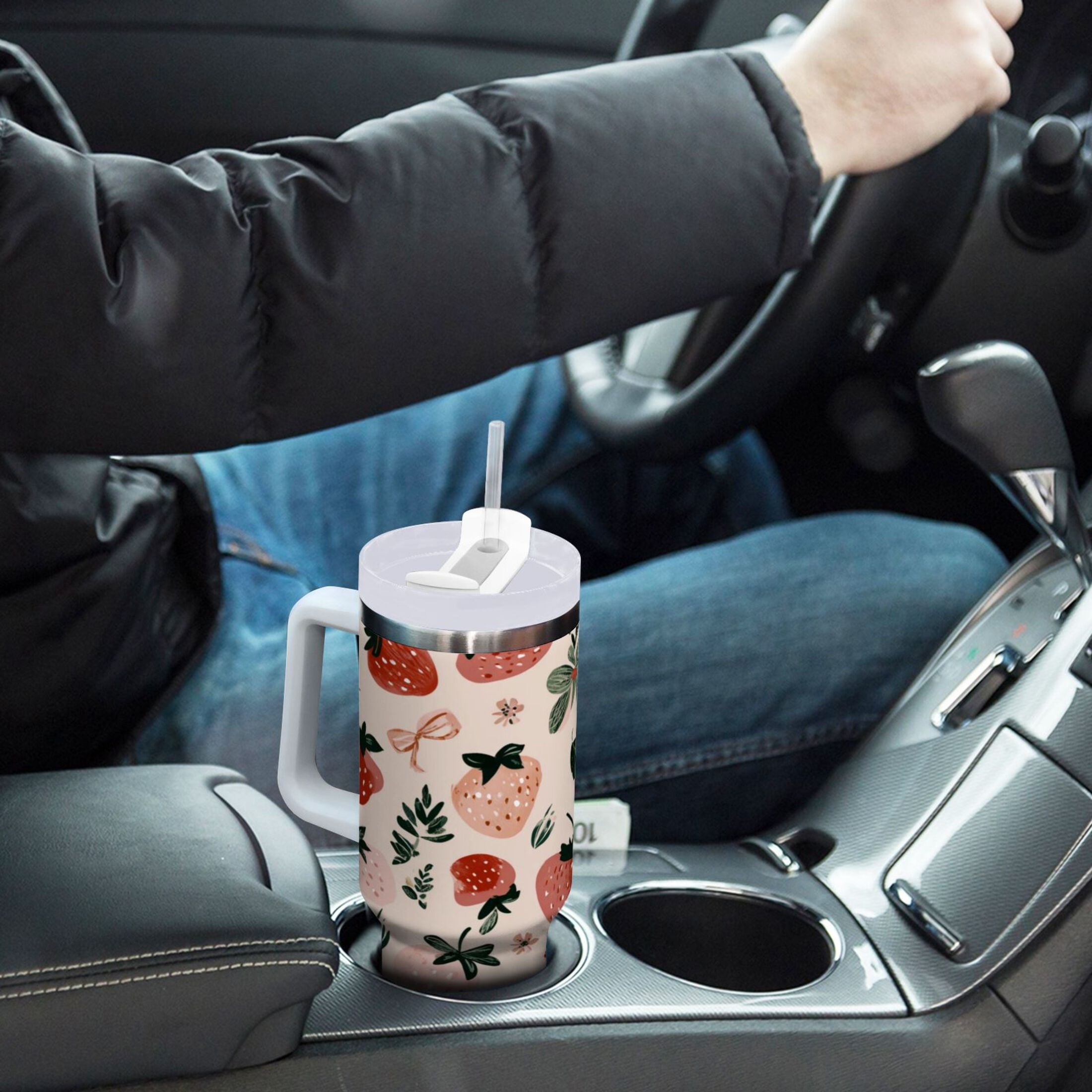 30 oz Insulated Stainless Steel Tumbler Double Wall Stainless Steel Tumbler with 2-Way Drinking Cute Pinks Strawberries Edition-CQ1G