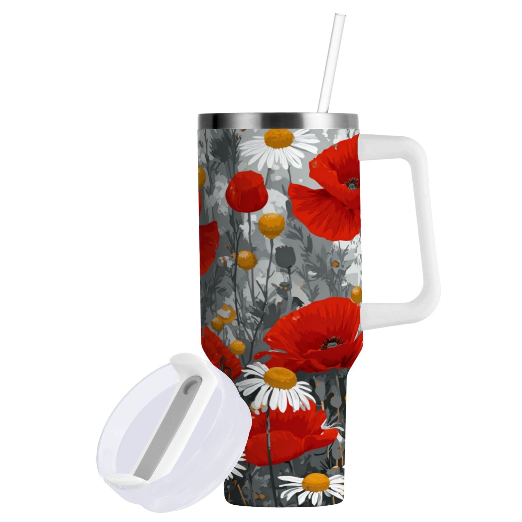 40 oz Insulated Stainless Steel Tumbler Double Wall Stainless Steel Tumbler with 2-Way Drinking Red Flowers and Daisies Edition-3930