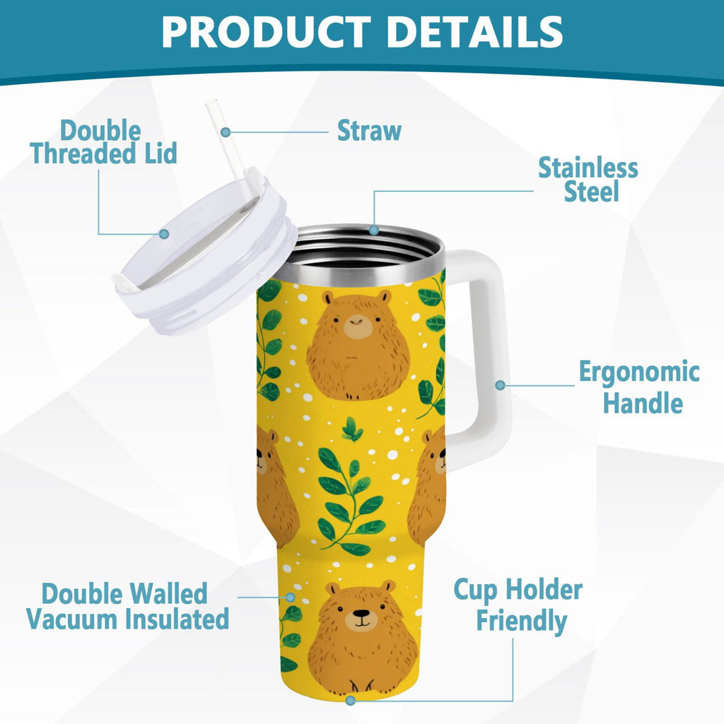 30 oz Insulated Stainless Steel Tumbler Double Wall Stainless Steel Tumbler with 2-Way Drinking Capybara and Green Leaves Edition-CLVI