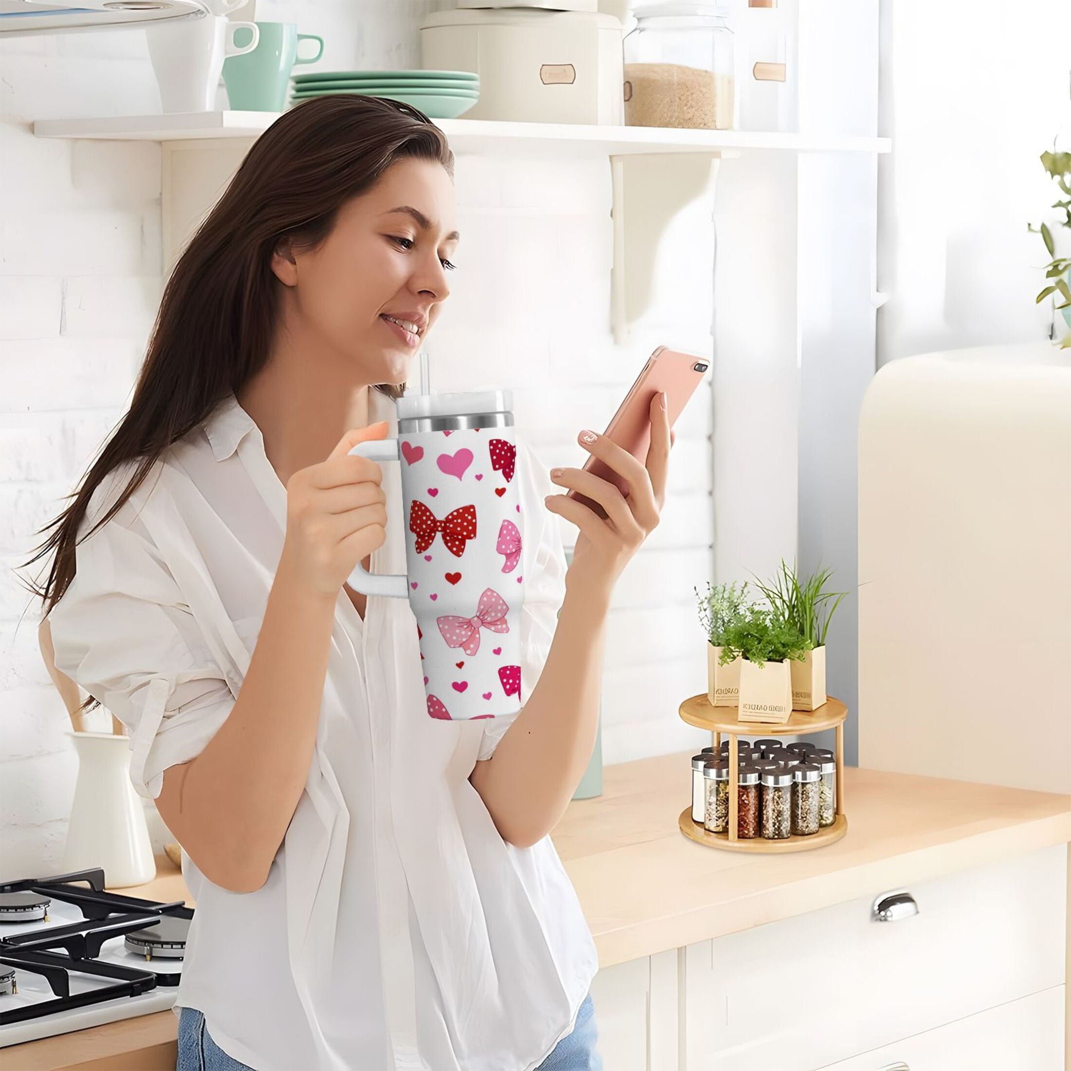 30 oz Insulated Stainless Steel Tumbler Double Wall Stainless Steel Tumbler with 2-Way Drinking Red and Pink Bows Edition-W6M4