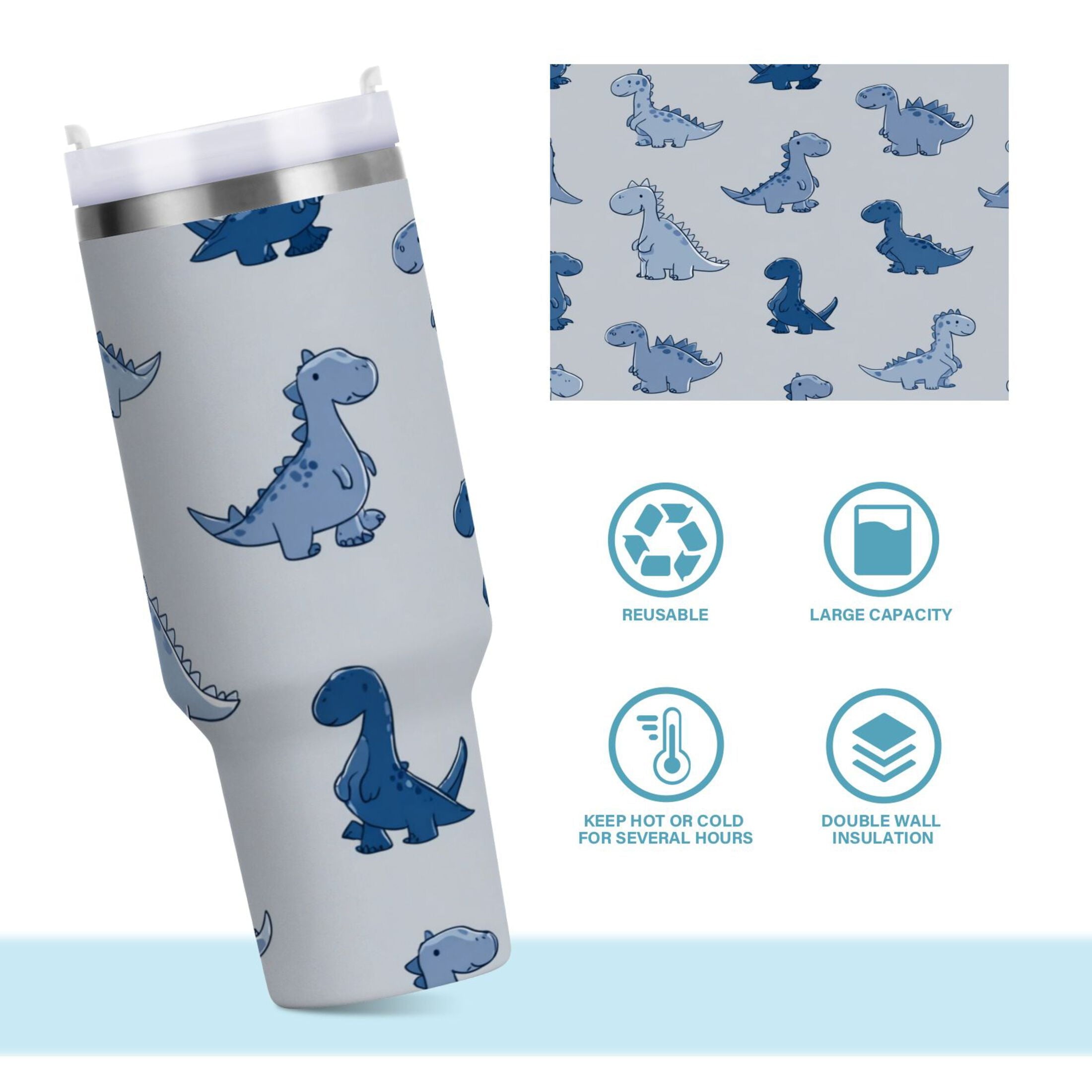 30 oz Insulated Stainless Steel Tumbler Double Wall Stainless Steel Tumbler with 2-Way Drinking Cute Blue Dinosaurs Edition-D192