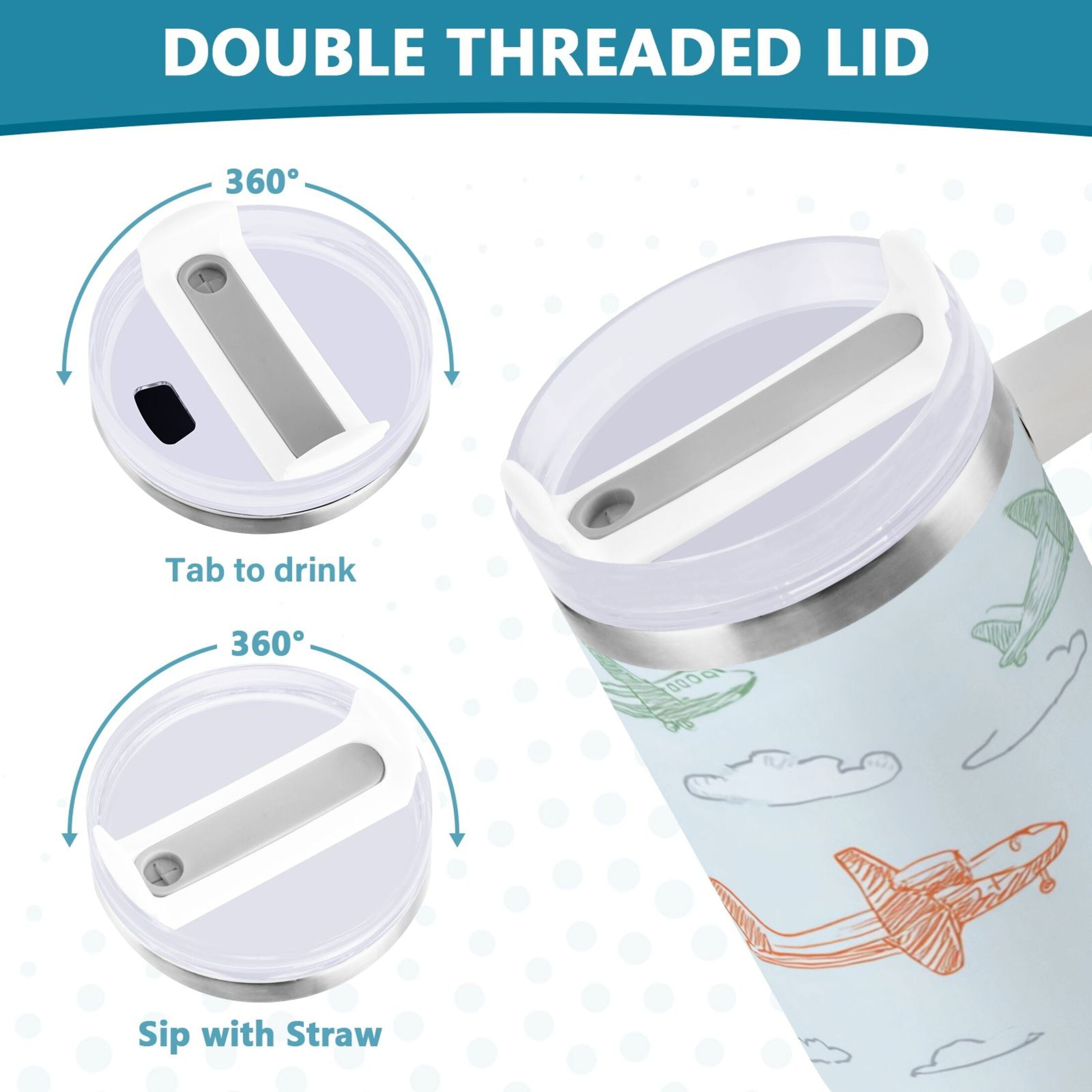 30 oz Insulated Stainless Steel Tumbler Double Wall Stainless Steel Tumbler with 2-Way Drinking Pastel Doodle Airplanes Edition-IB23