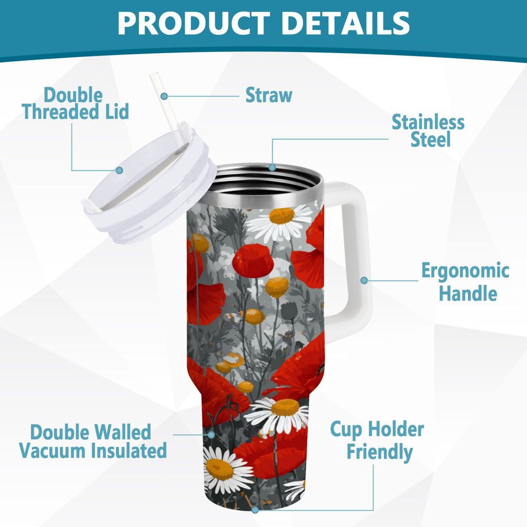 40 oz Insulated Stainless Steel Tumbler Double Wall Stainless Steel Tumbler with 2-Way Drinking Red Flowers and Daisies Edition-3930