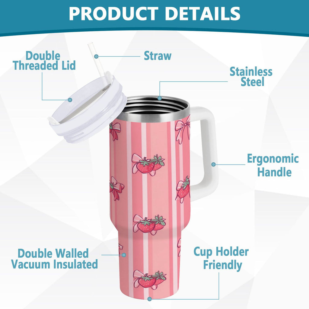 30 oz Insulated Stainless Steel Tumbler Double Wall Stainless Steel Tumbler with 2-Way Drinking Pink Bows and Strawberries Edition-BMYI