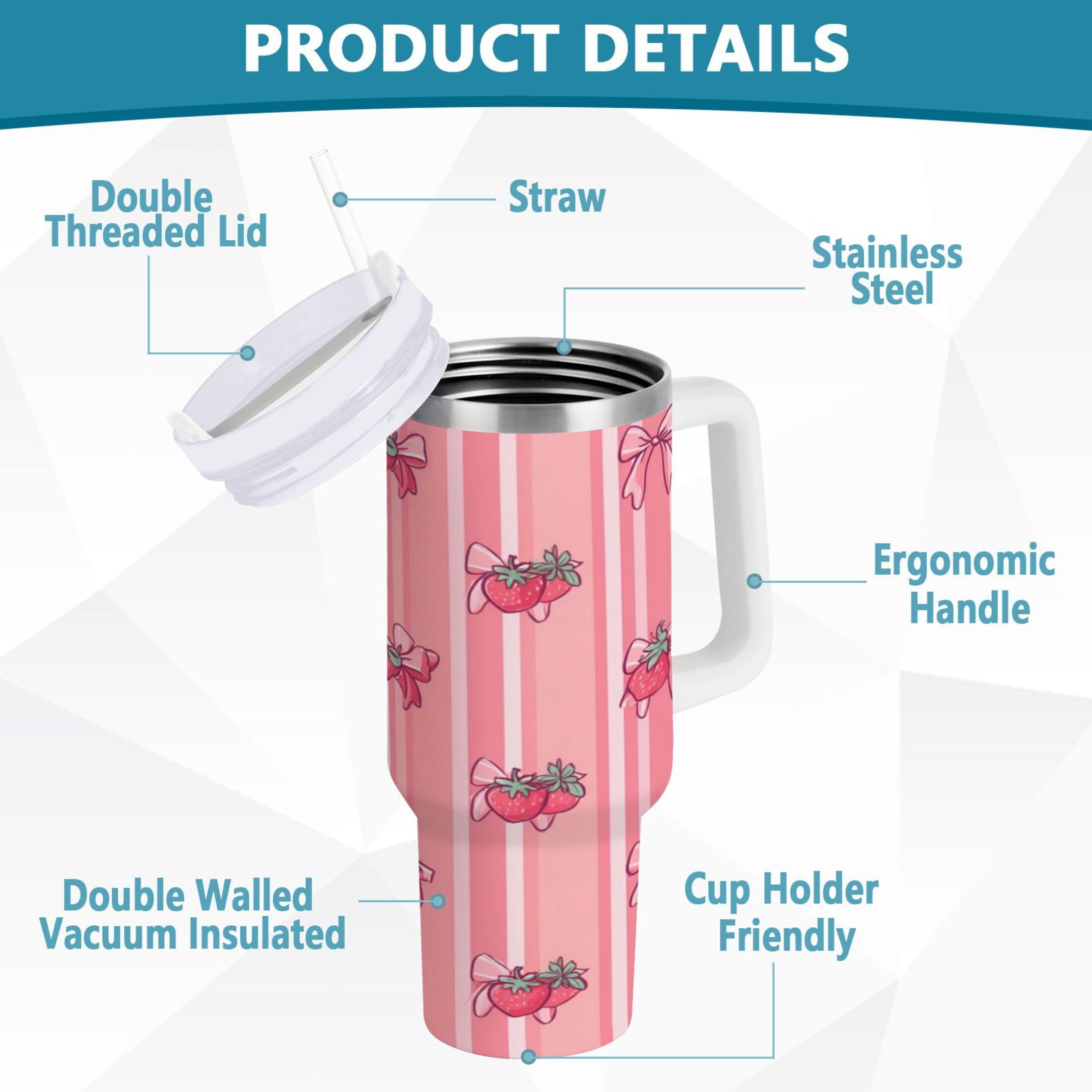 30 oz Insulated Stainless Steel Tumbler Double Wall Stainless Steel Tumbler with 2-Way Drinking Pink Bows and Strawberries Edition-BMYI