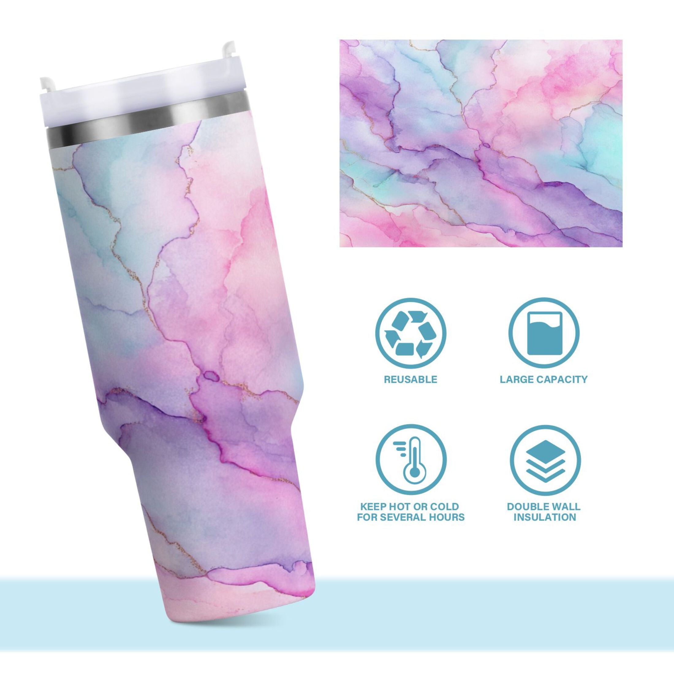 30 oz Insulated Stainless Steel Tumbler Double Wall Stainless Steel Tumbler with 2-Way Drinking Pastel Pink Marble Texture Edition-X25X