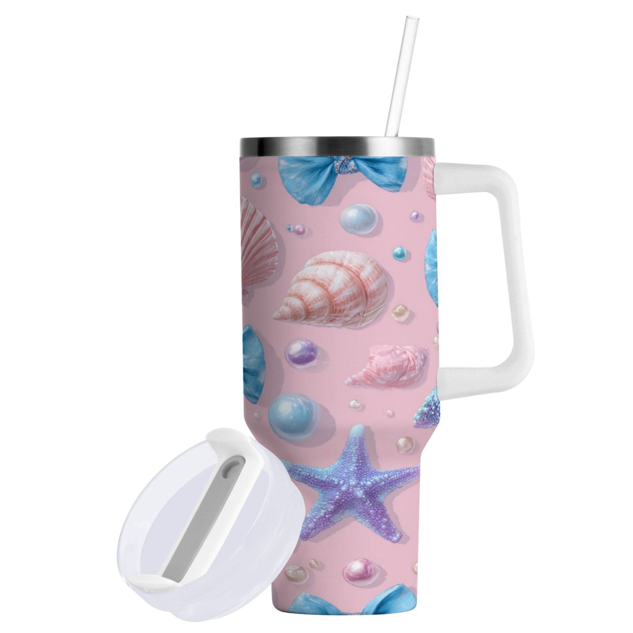 30 oz Insulated Stainless Steel Tumbler Double Wall Stainless Steel Tumbler with 2-Way Drinking Seashells and Bows Edition-2PW2