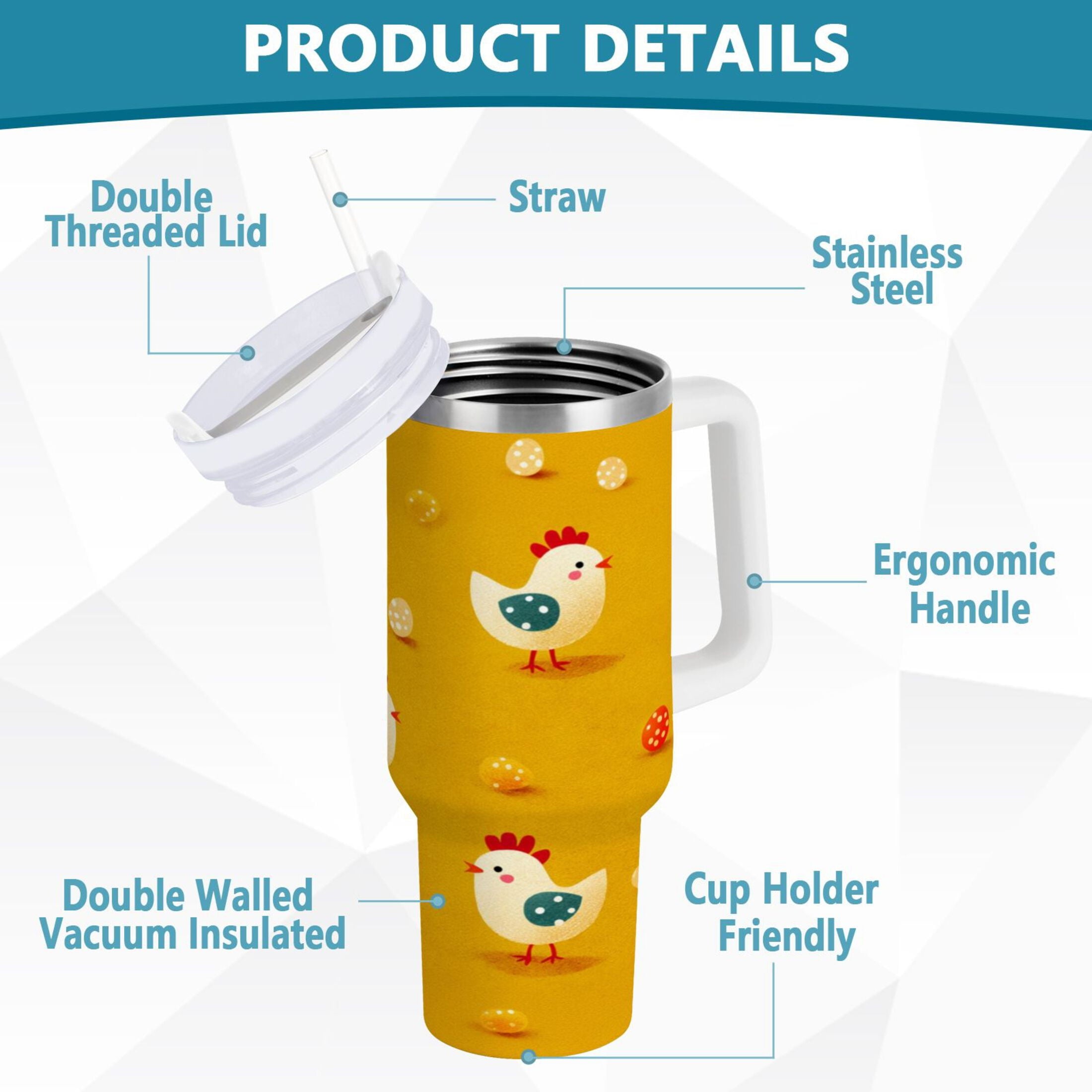 30 oz Insulated Stainless Steel Tumbler Double Wall Stainless Steel Tumbler with 2-Way Drinking Cartoon Chickens Pattern Edition-4YKJ