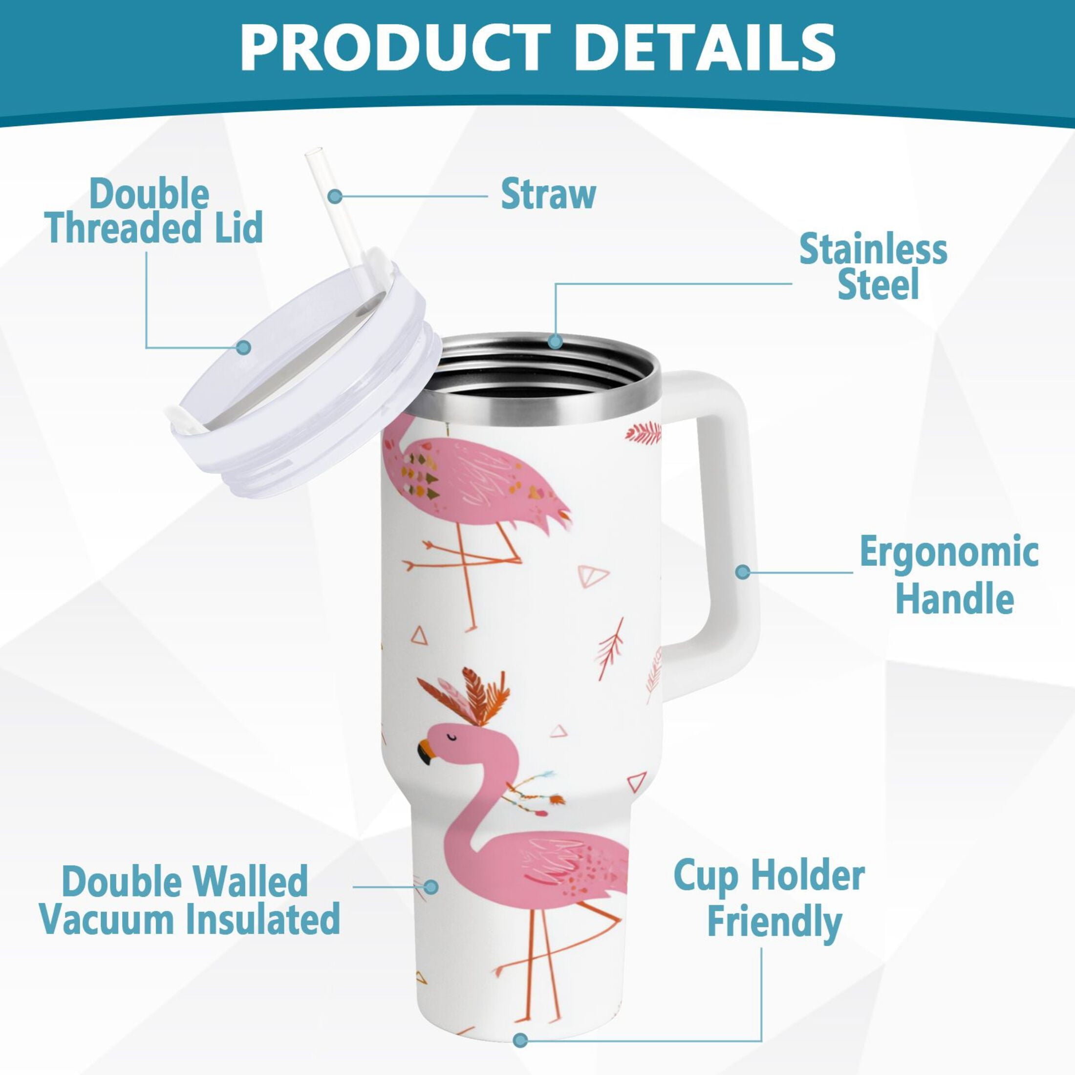 40 oz Insulated Stainless Steel Tumbler Double Wall Stainless Steel Tumbler with 2-Way Drinking Cute Pink Flamingo Pattern Edition-B0M7