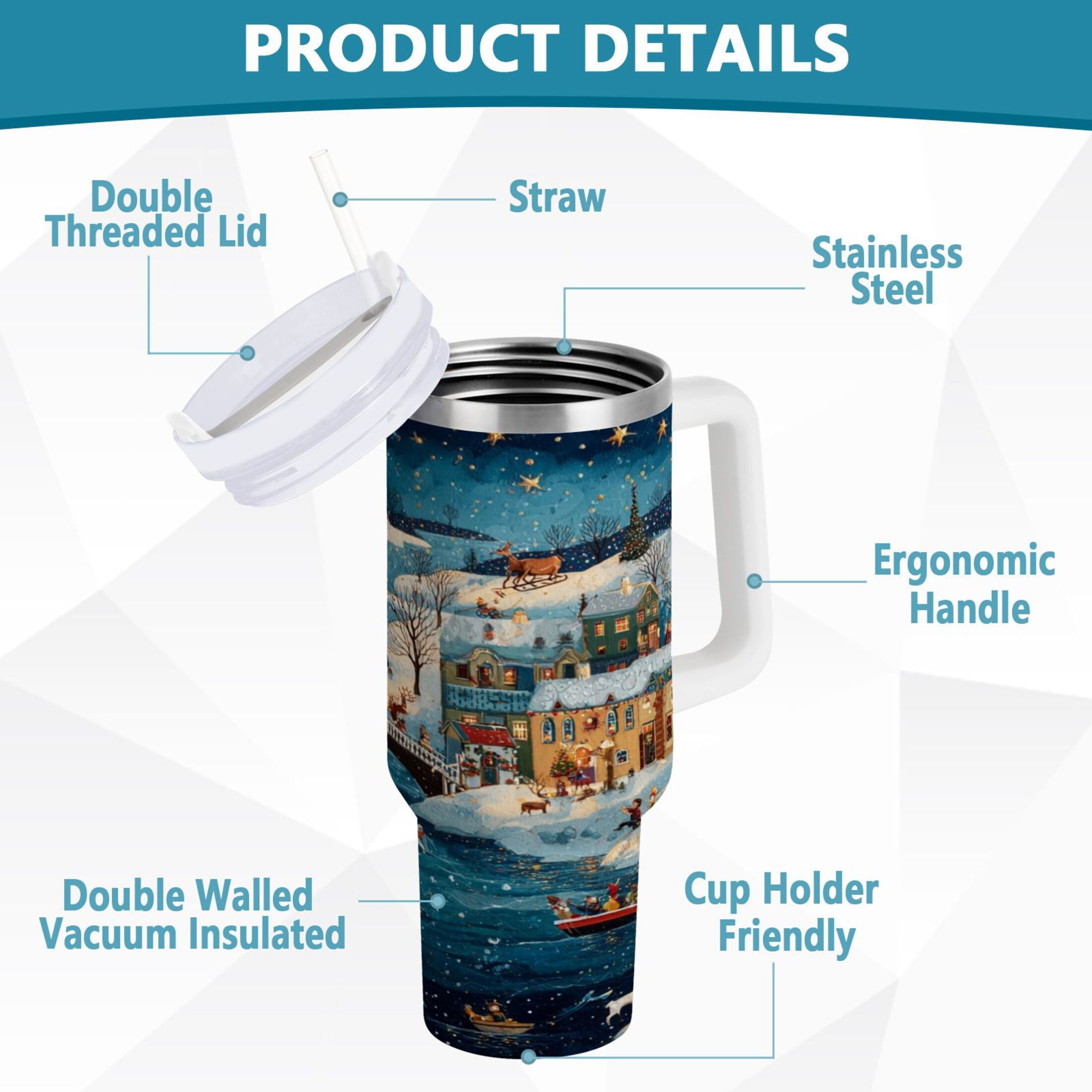 30 oz Insulated Stainless Steel Tumbler Double Wall Stainless Steel Tumbler with 2-Way Drinking Whimsical Christmas Scene Edition-NG7S