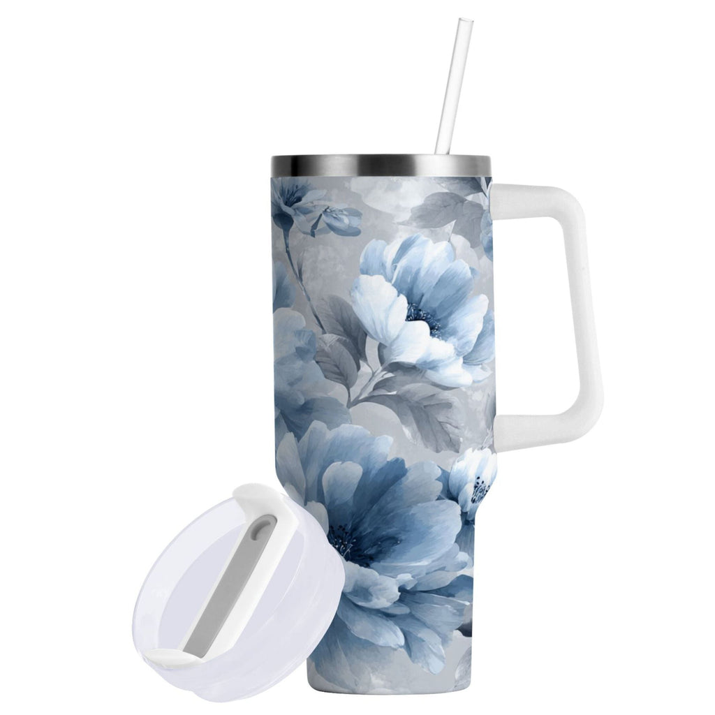 40 oz Insulated Stainless Steel Tumbler Double Wall Stainless Steel Tumbler with 2-Way Drinking White Floral Pattern Edition-V2DM