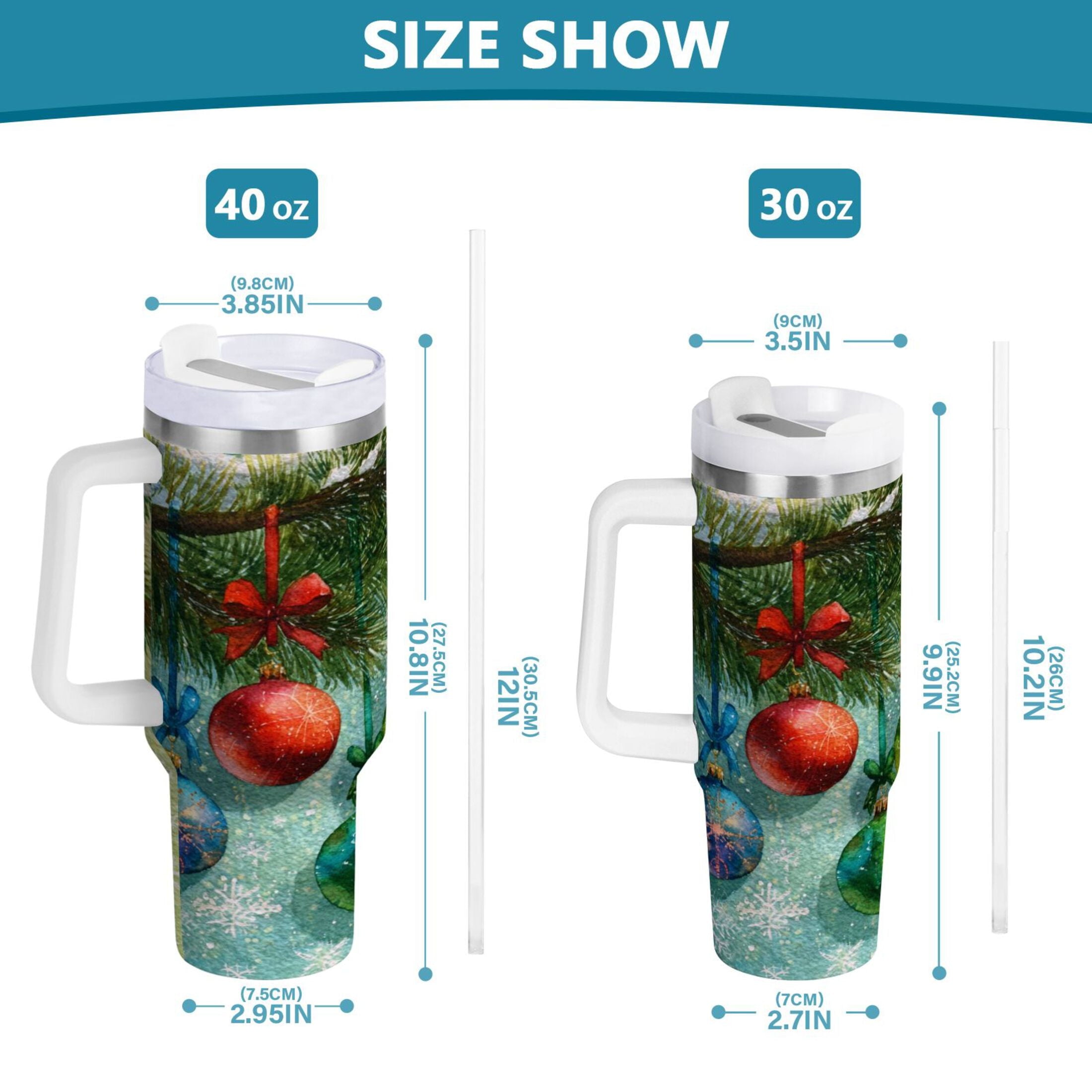 30 oz Insulated Stainless Steel Tumbler Double Wall Stainless Steel Tumbler with 2-Way Drinking Christmas Ornaments Watercolor Painting Edition-MGMU